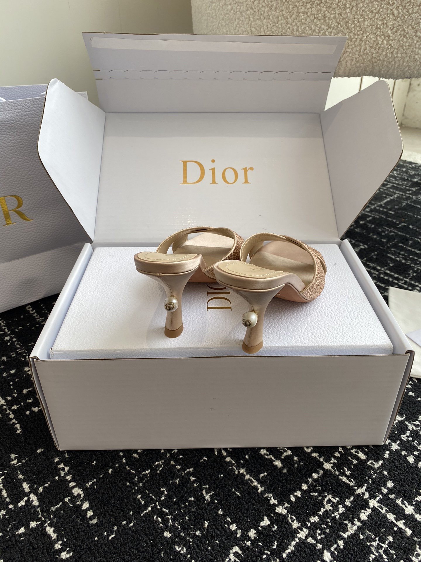 Dior Tribales Heeled Slide Sandals in Nude Suede and Strass