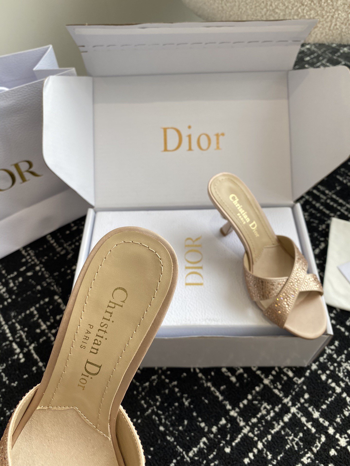 Dior Tribales Heeled Slide Sandals in Nude Suede and Strass