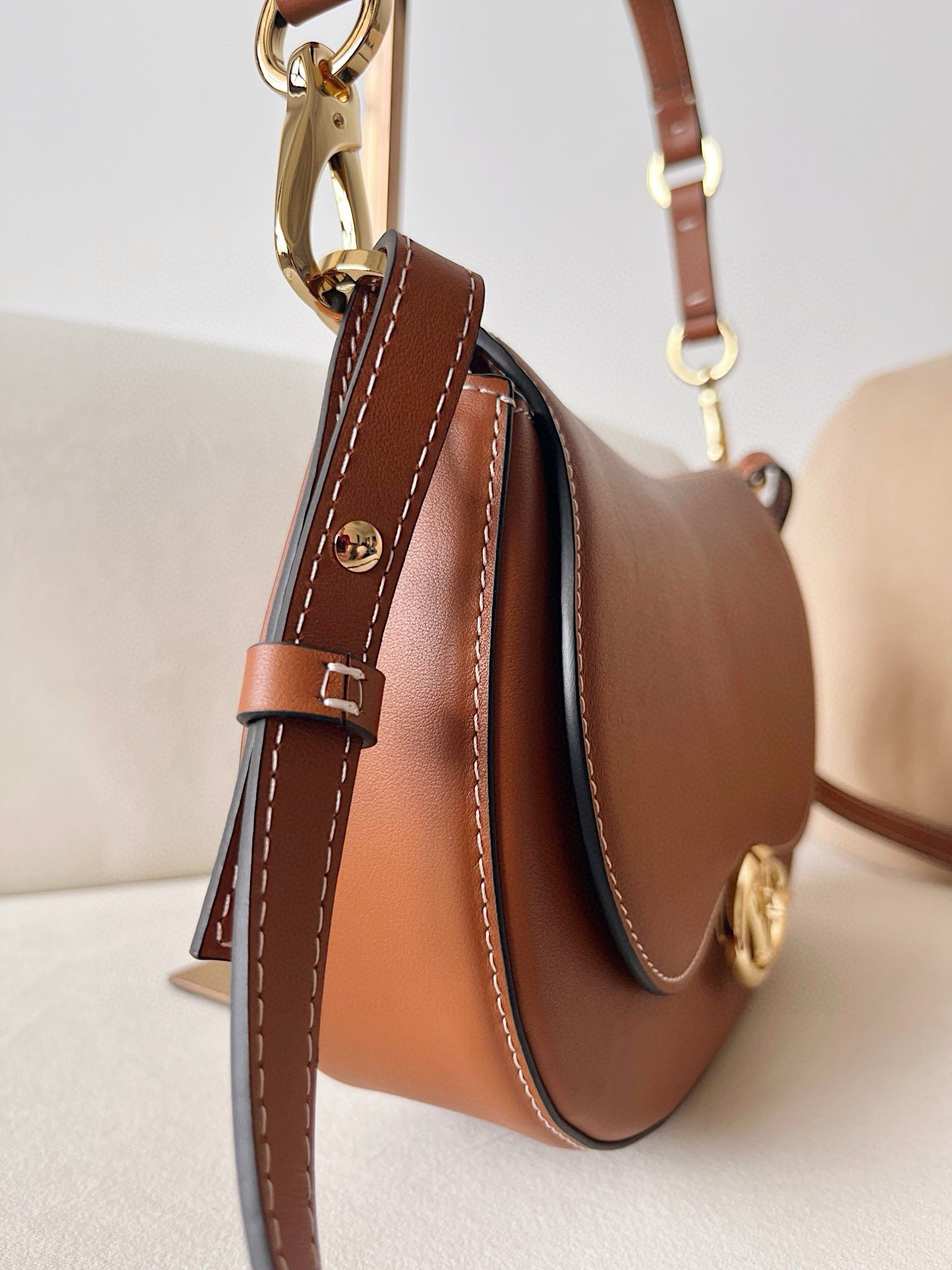 Valentino Garavani Ohval Small Shoulder Bag in Brown Calfskin