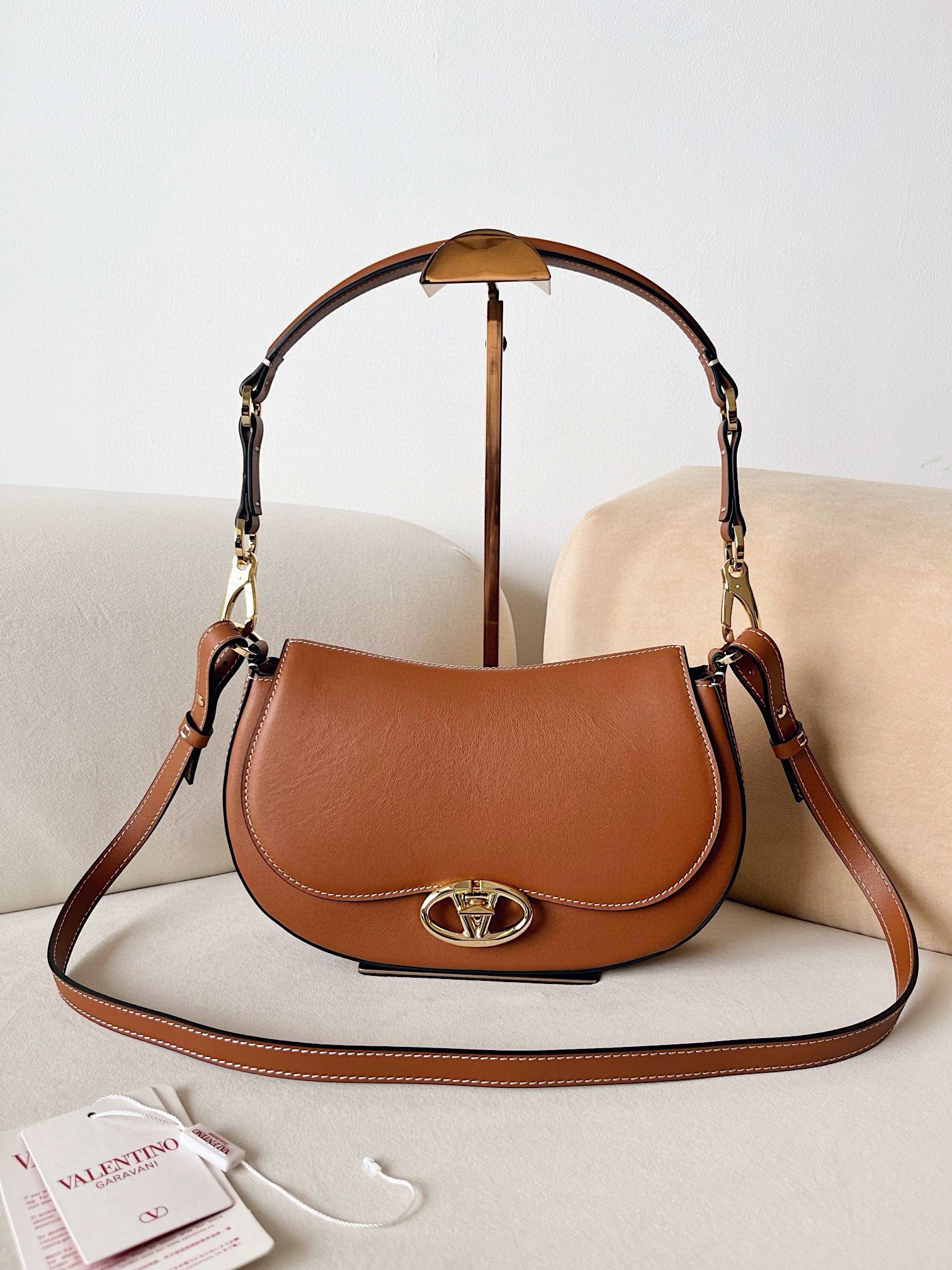 Valentino Garavani Ohval Small Shoulder Bag in Brown Calfskin