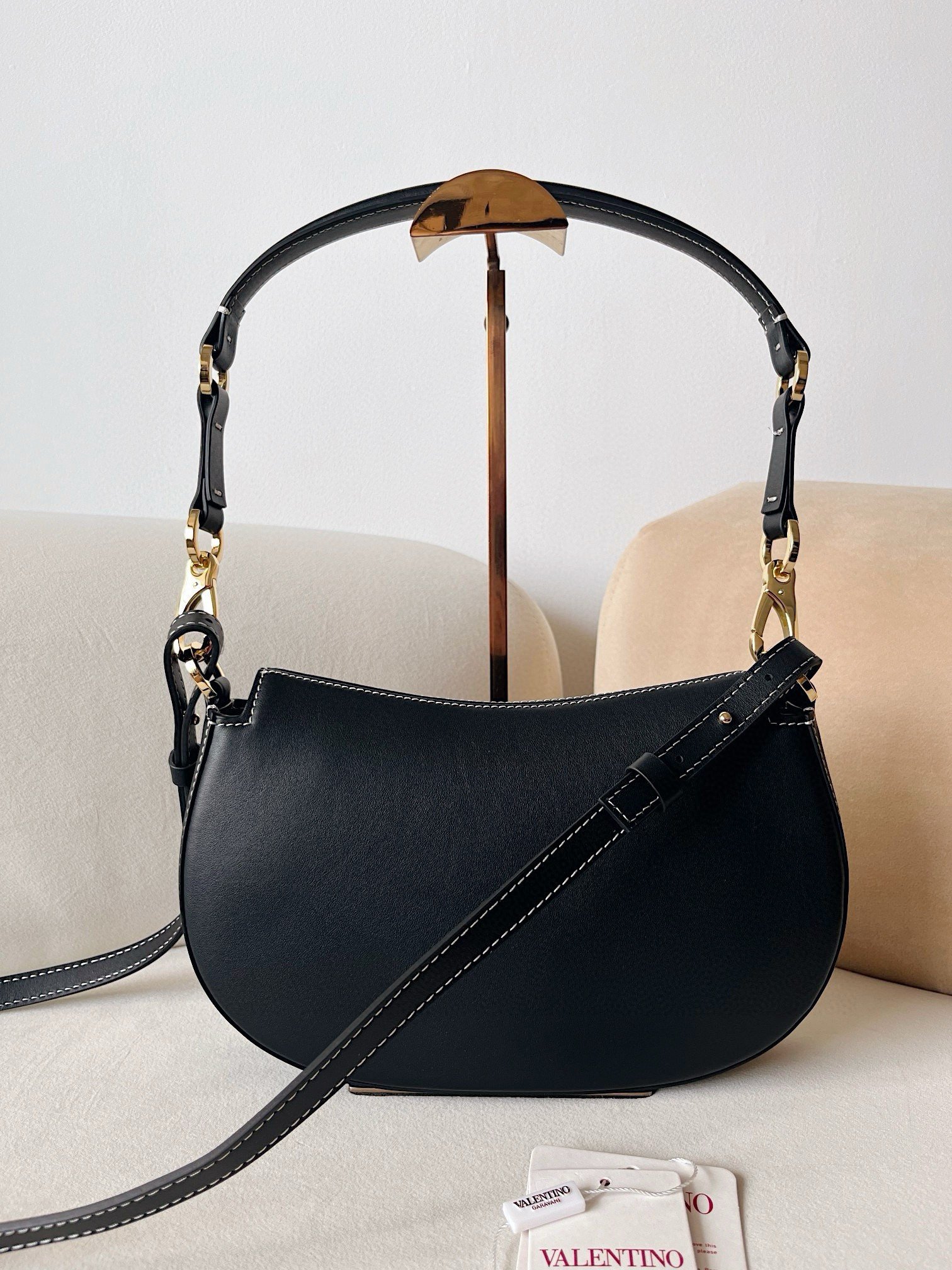 Valentino Garavani Ohval Small Shoulder Bag in Black Calfskin