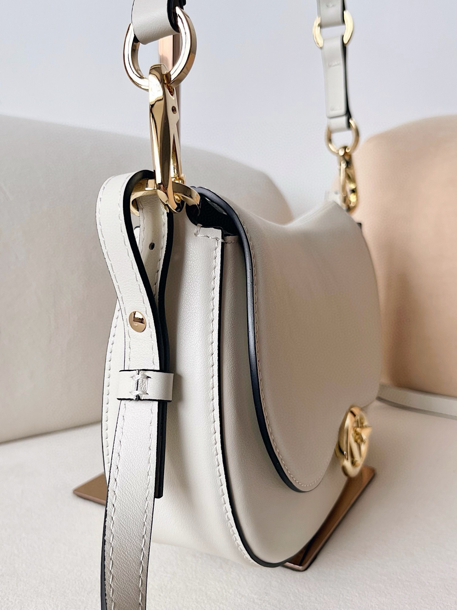 Valentino Garavani Ohval Small Shoulder Bag in White Calfskin