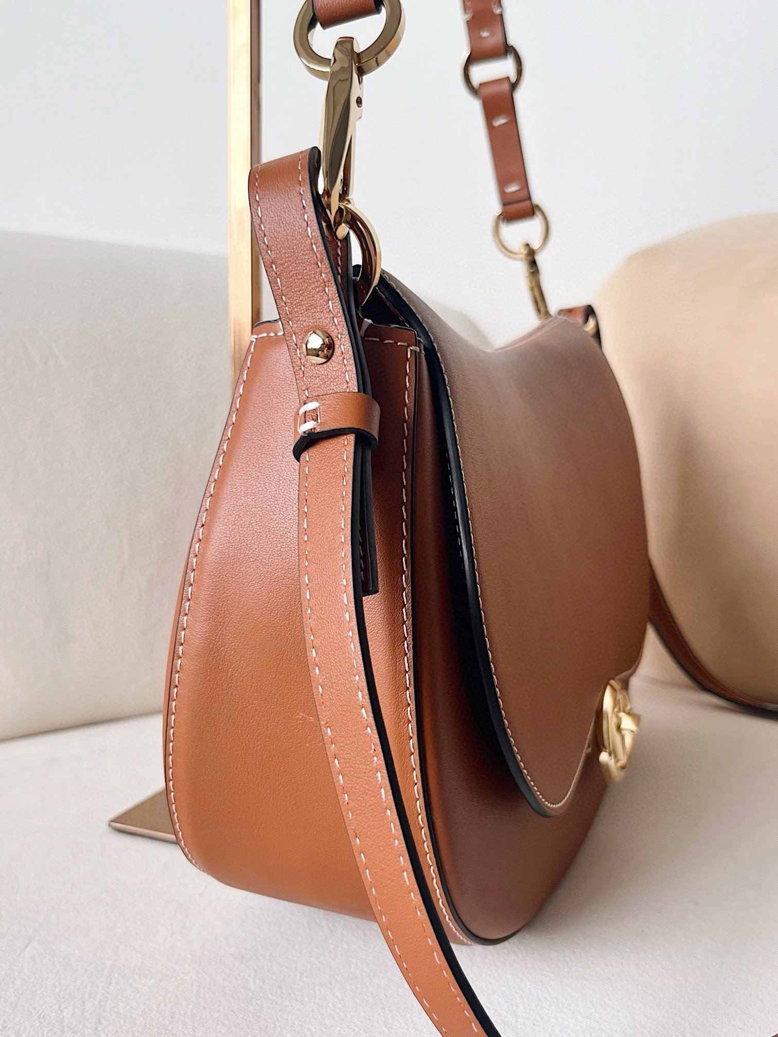 Valentino Garavani Ohval Medium Shoulder Bag in Brown Calfskin