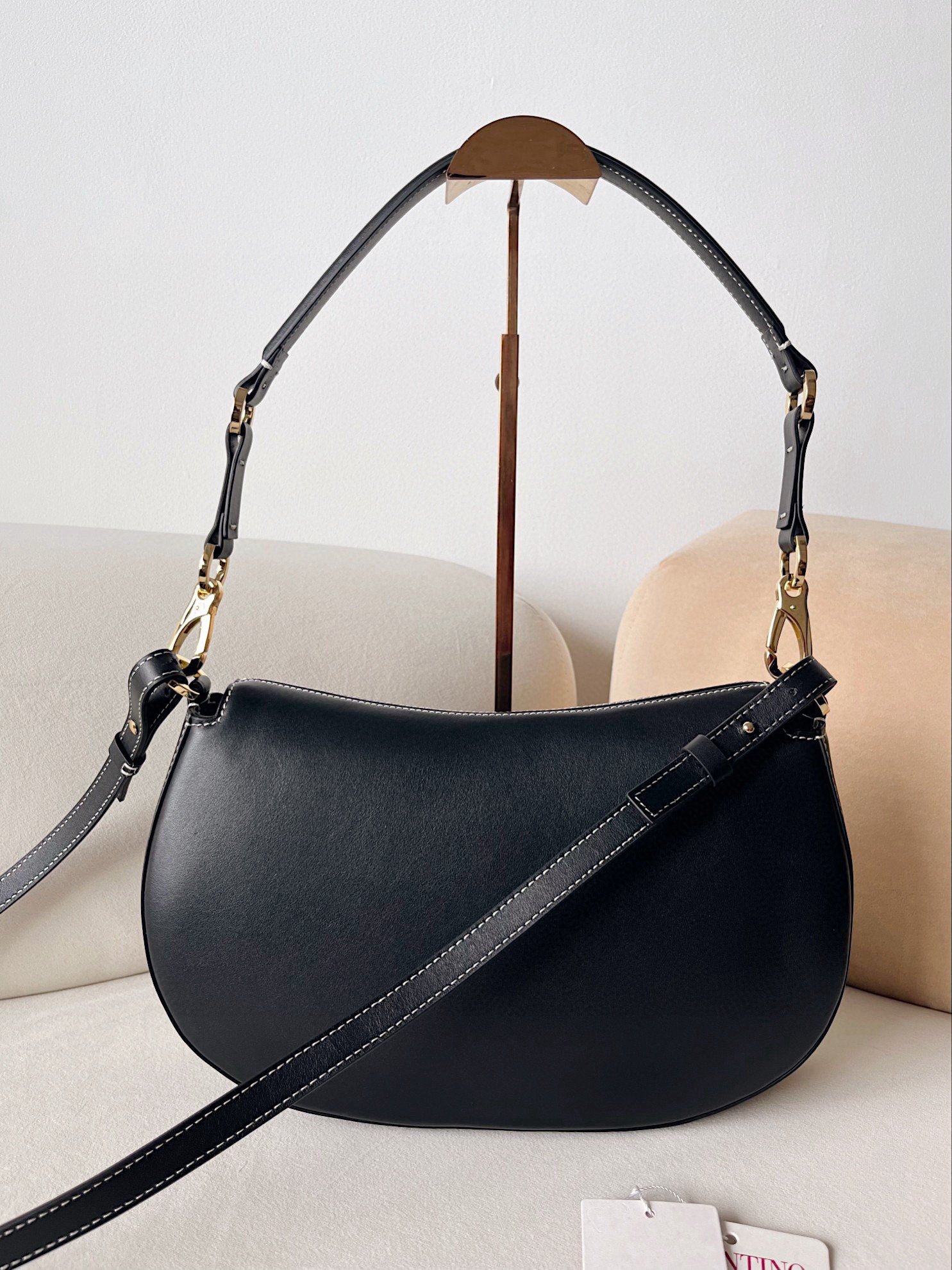 Valentino Garavani Ohval Medium Shoulder Bag in Black Calfskin