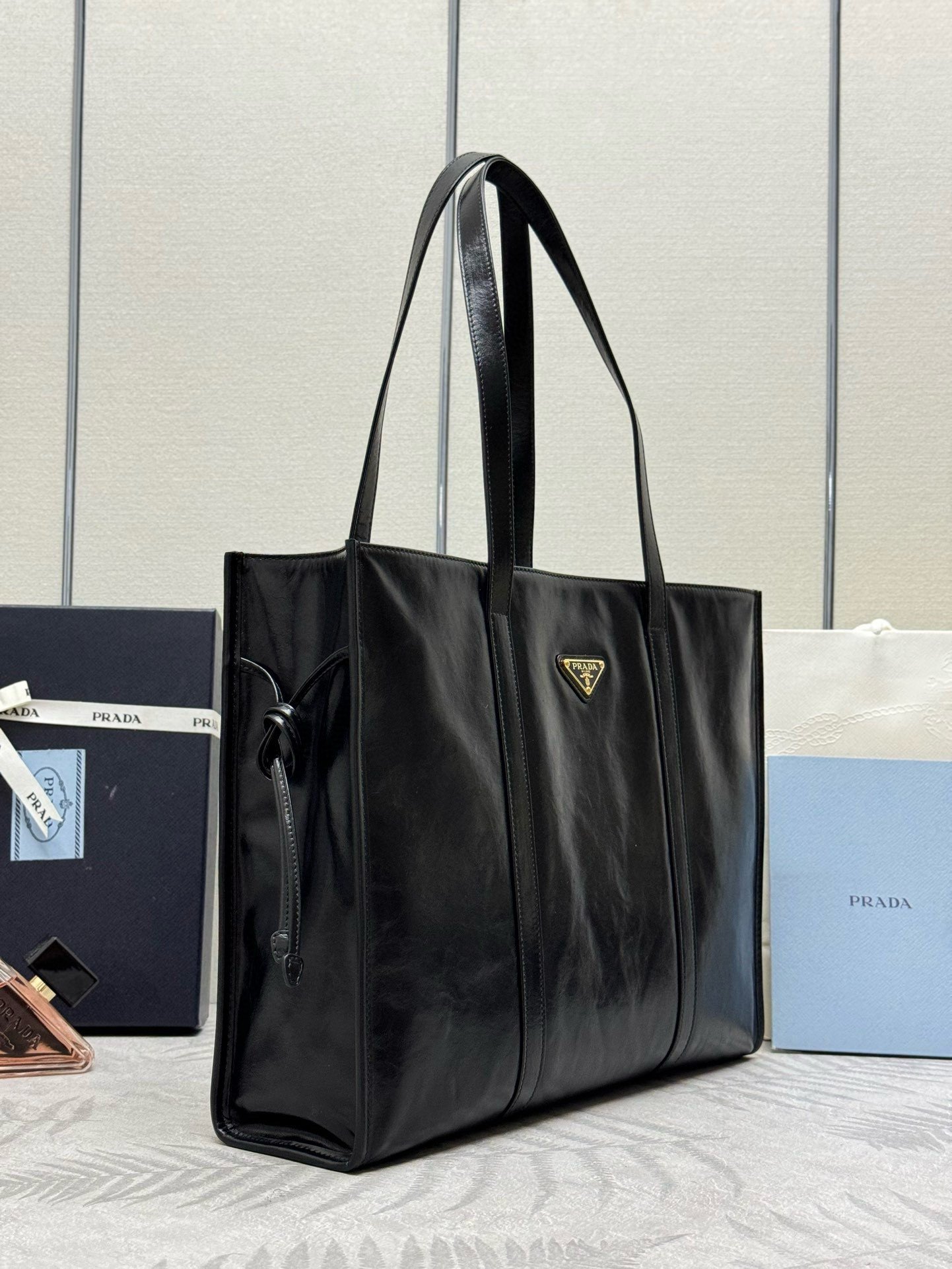 Prada Large Tote Bag in Black Lambskin