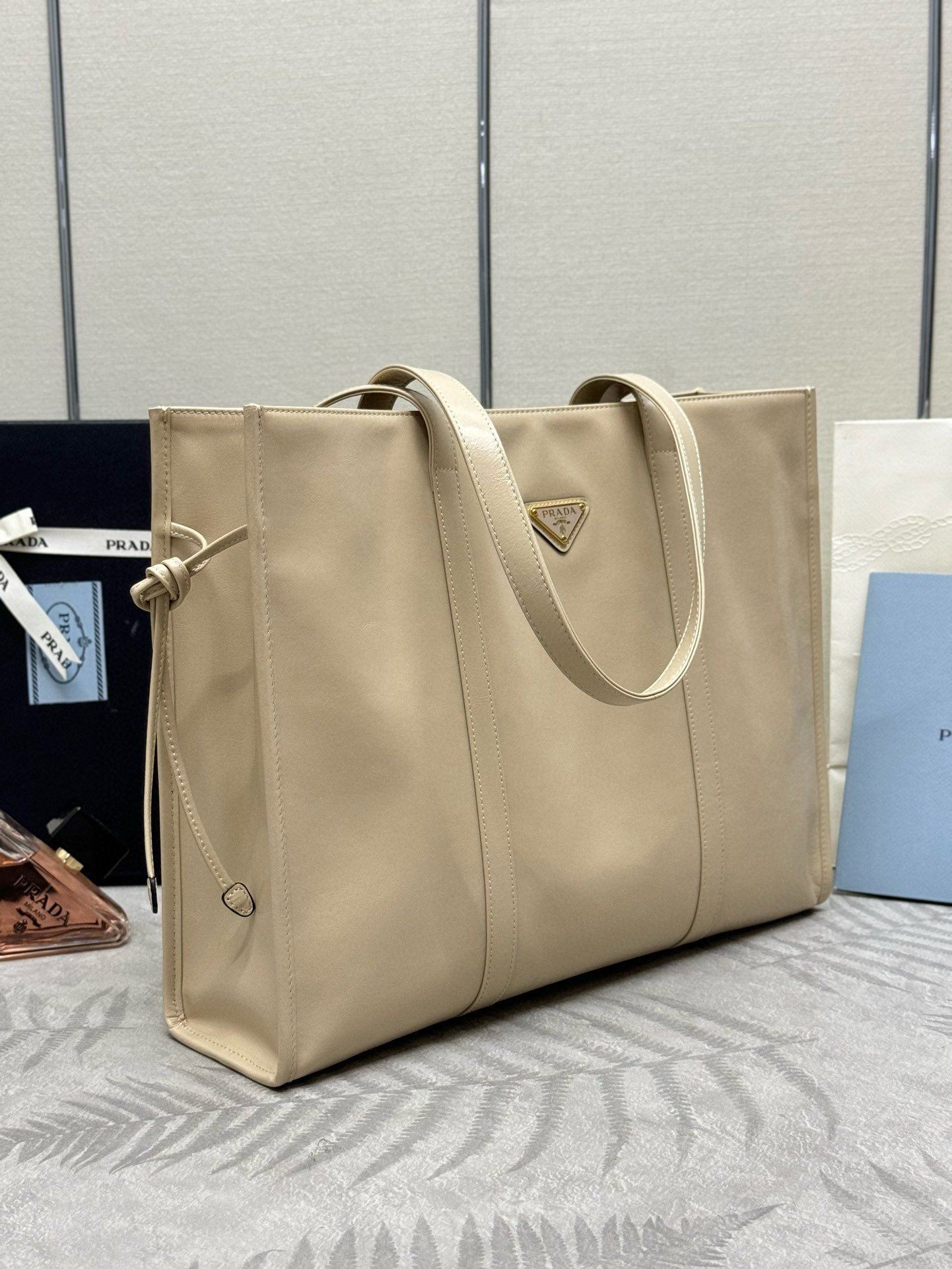 Prada Large Tote Bag in Beige Lambskin