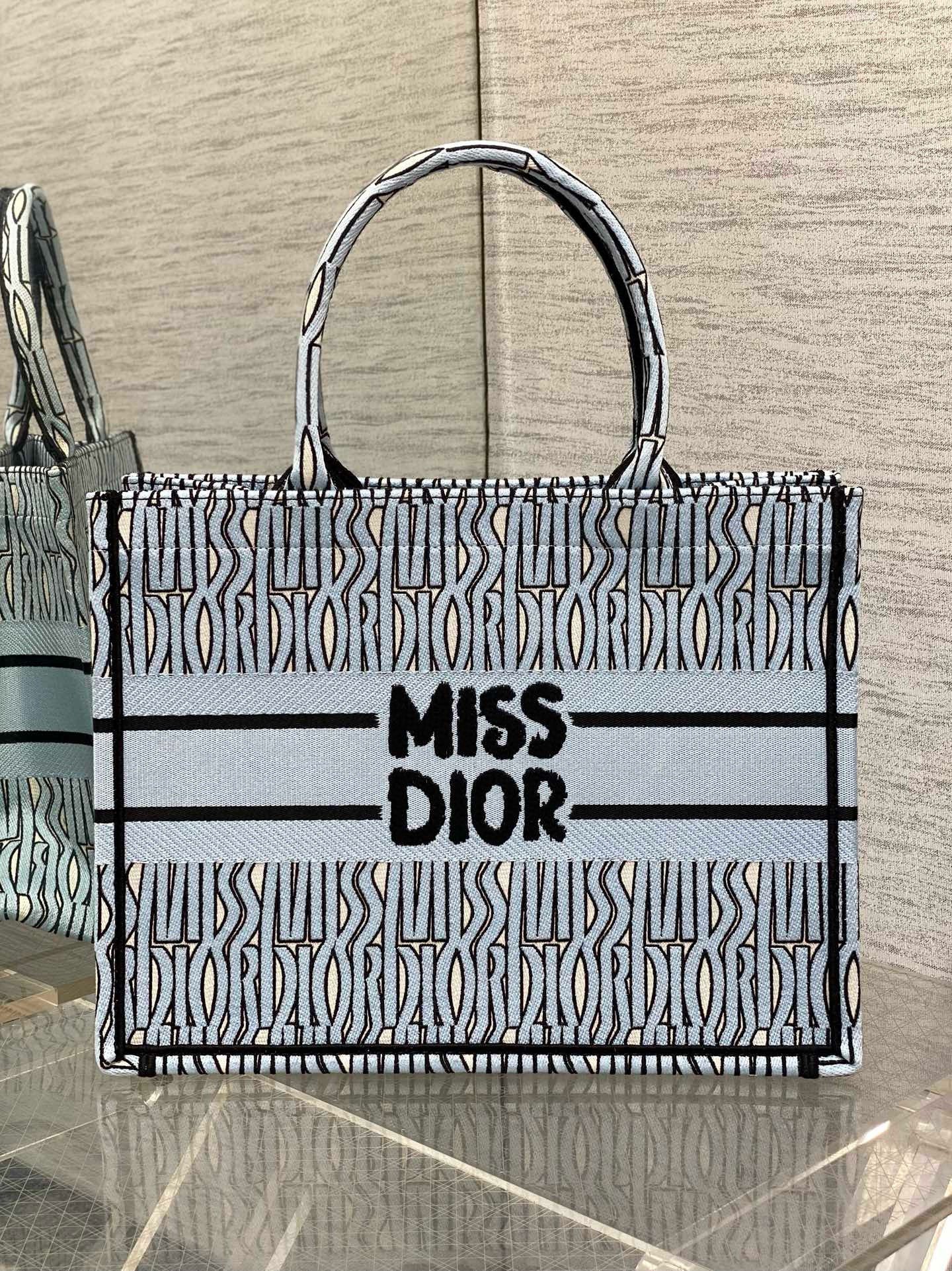 Dior Medium Book Tote Bag in Blue Miss Dior Allover Embroidery