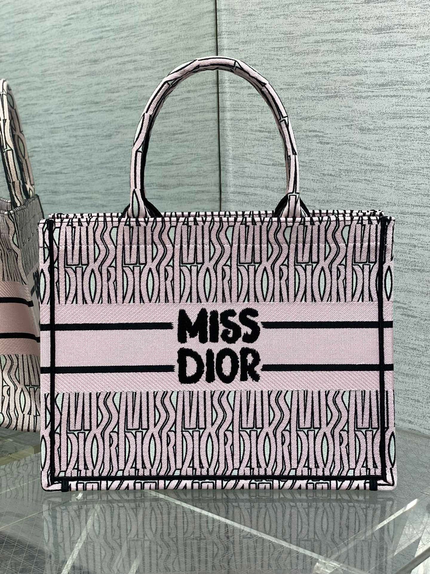 Dior Medium Book Tote Bag in Pink Miss Dior Allover Embroidery