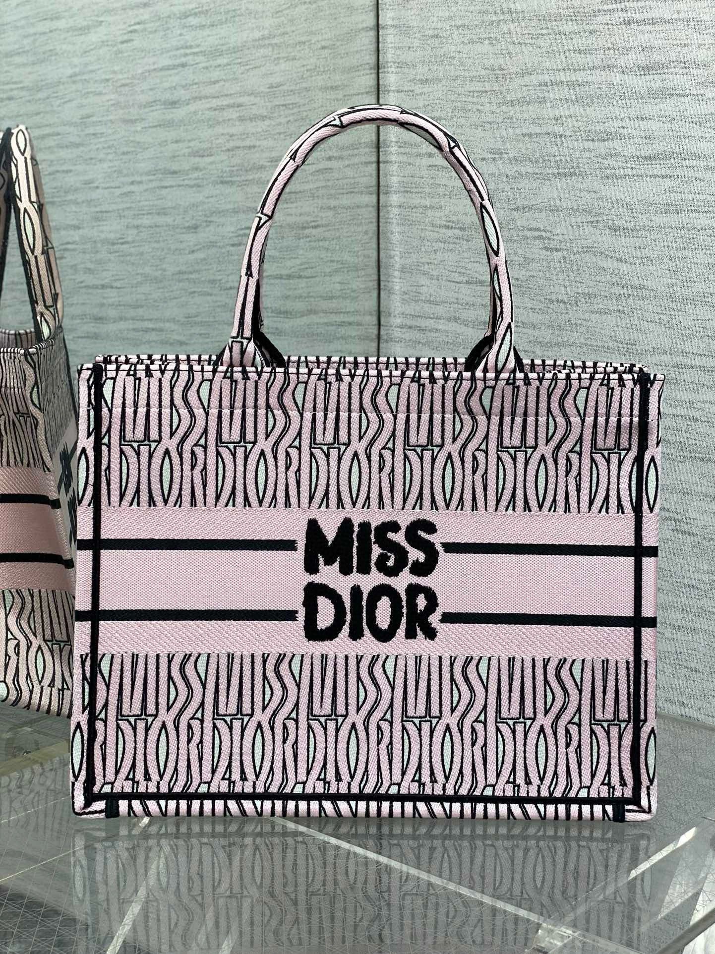 Dior Medium Book Tote Bag in Pink Miss Dior Allover Embroidery