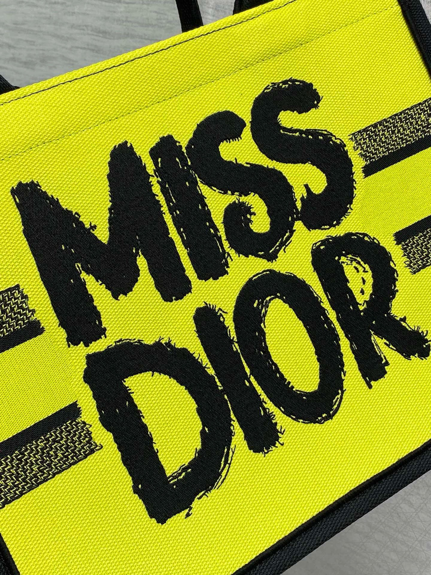 Dior Medium Book Tote Bag in Yellow and Blue Miss Dior Graffiti Embroidery