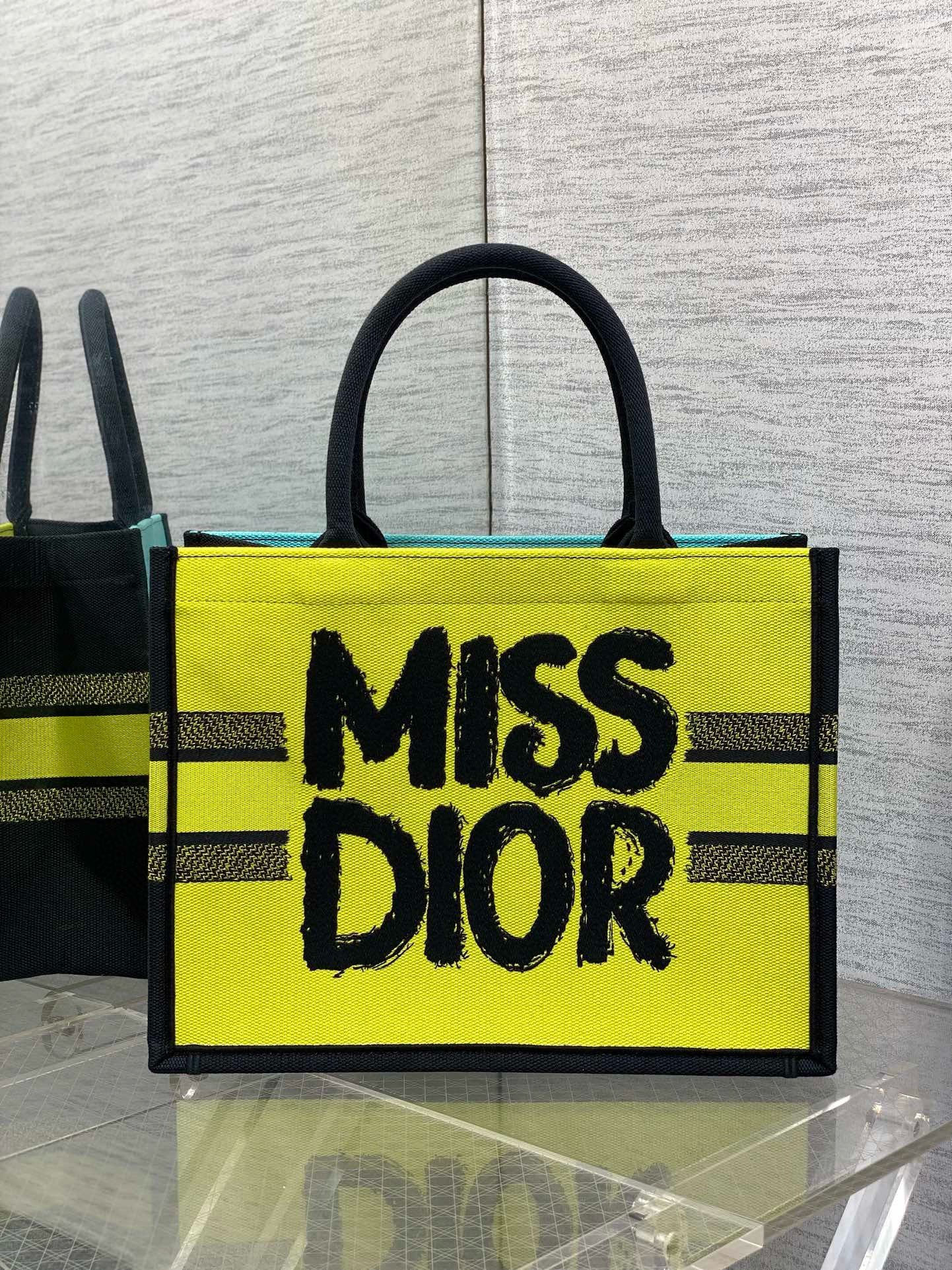 Dior Medium Book Tote Bag in Yellow and Blue Miss Dior Graffiti Embroidery