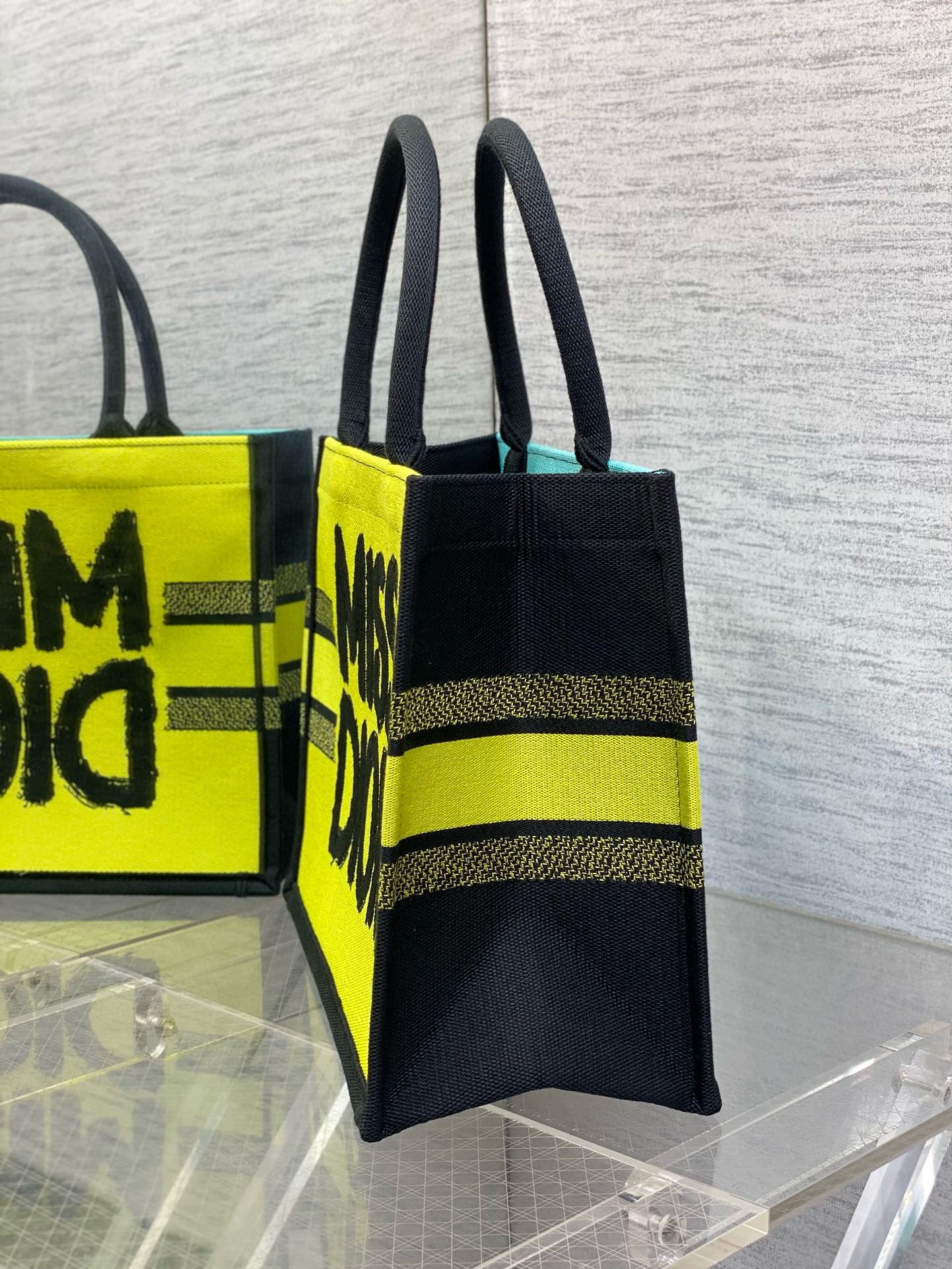 Dior Medium Book Tote Bag in Yellow and Blue Miss Dior Graffiti Embroidery