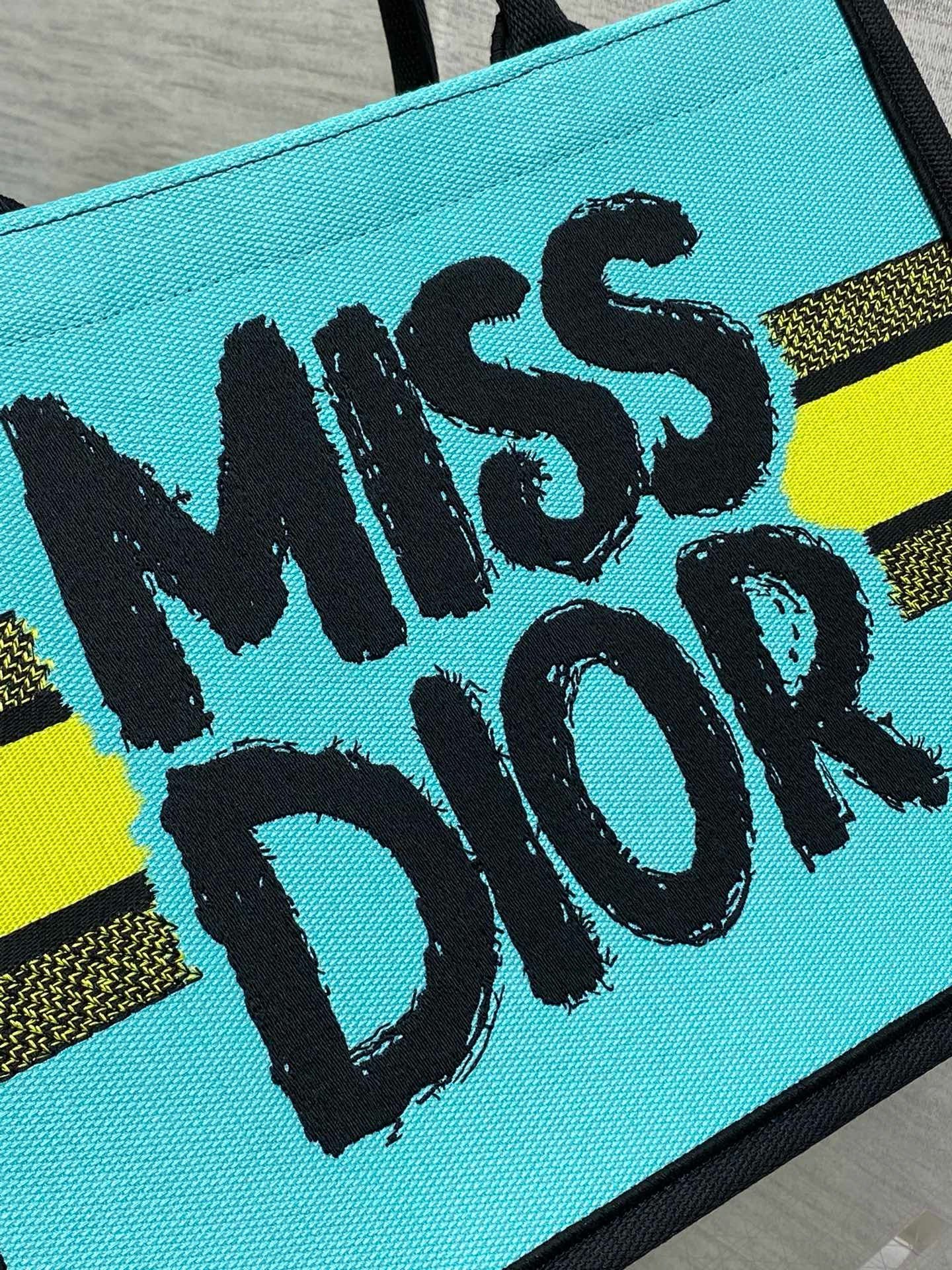 Dior Medium Book Tote Bag in Yellow and Blue Miss Dior Graffiti Embroidery