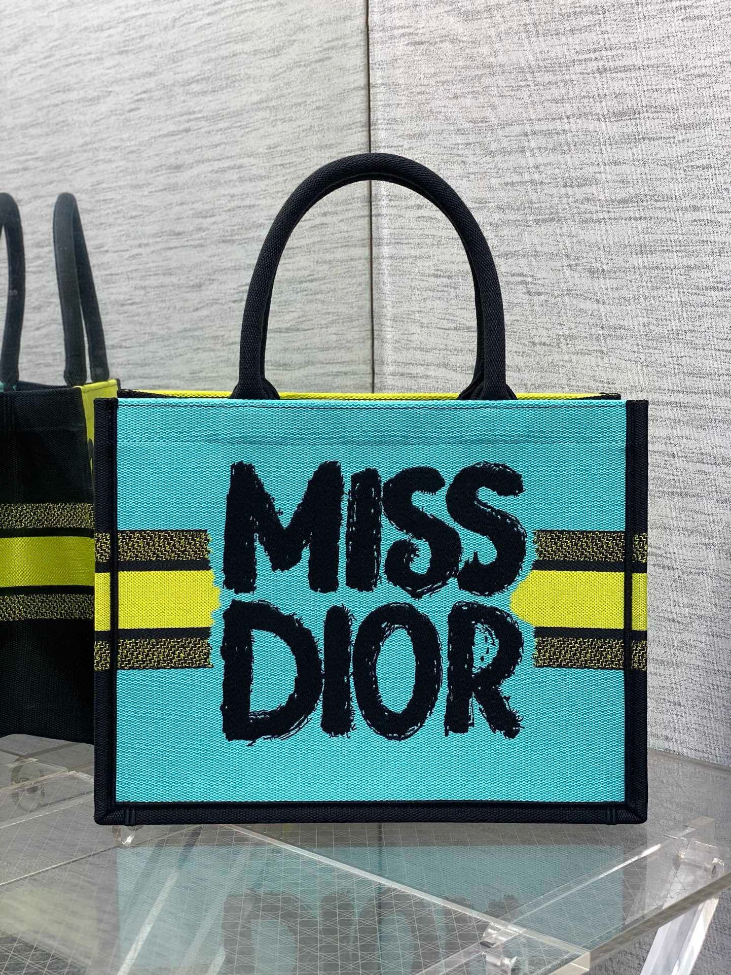 Dior Medium Book Tote Bag in Yellow and Blue Miss Dior Graffiti Embroidery