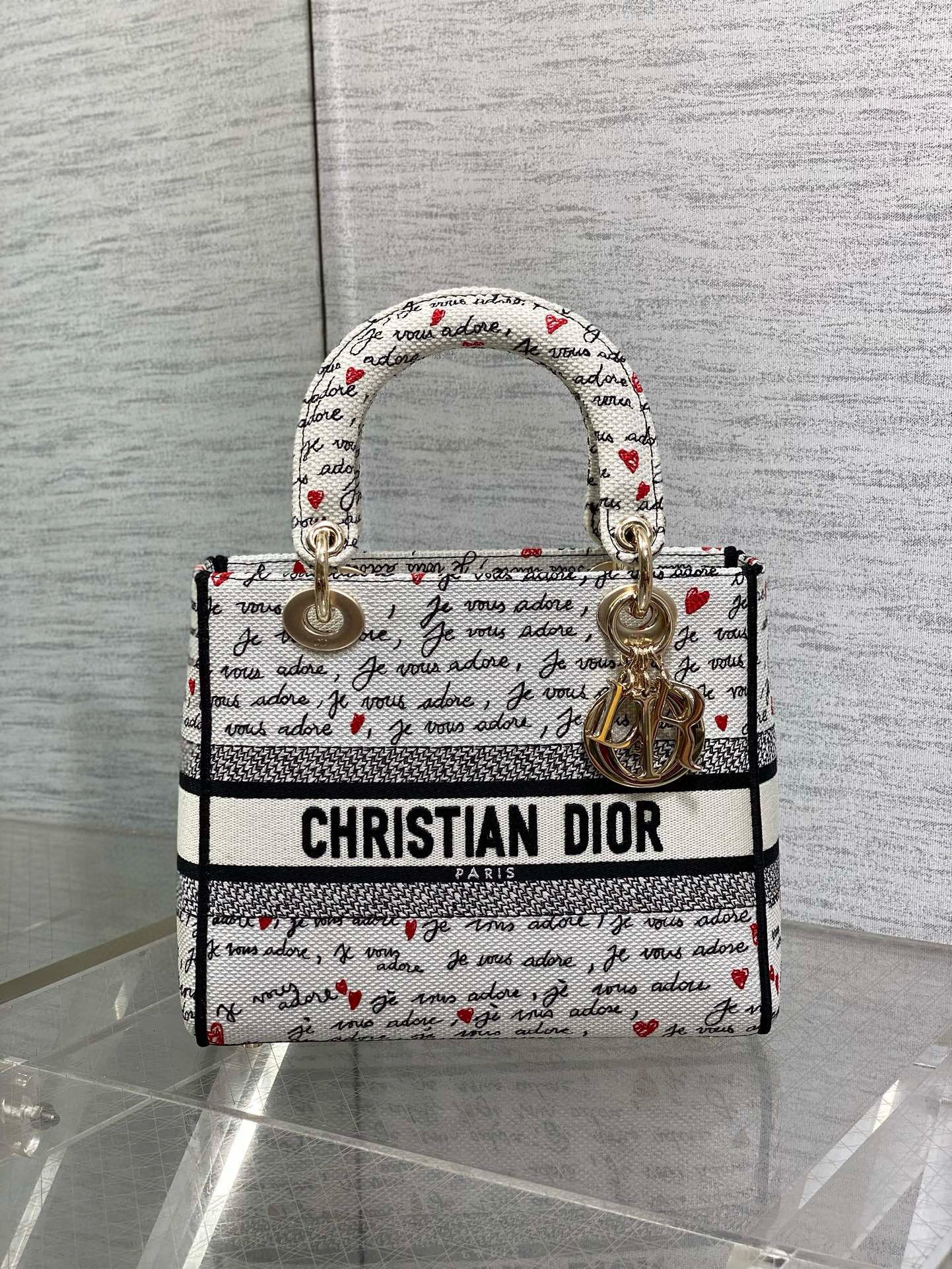 Dior Lady D-Lite Medium Bag in White and Red Je Vous Adore Motif