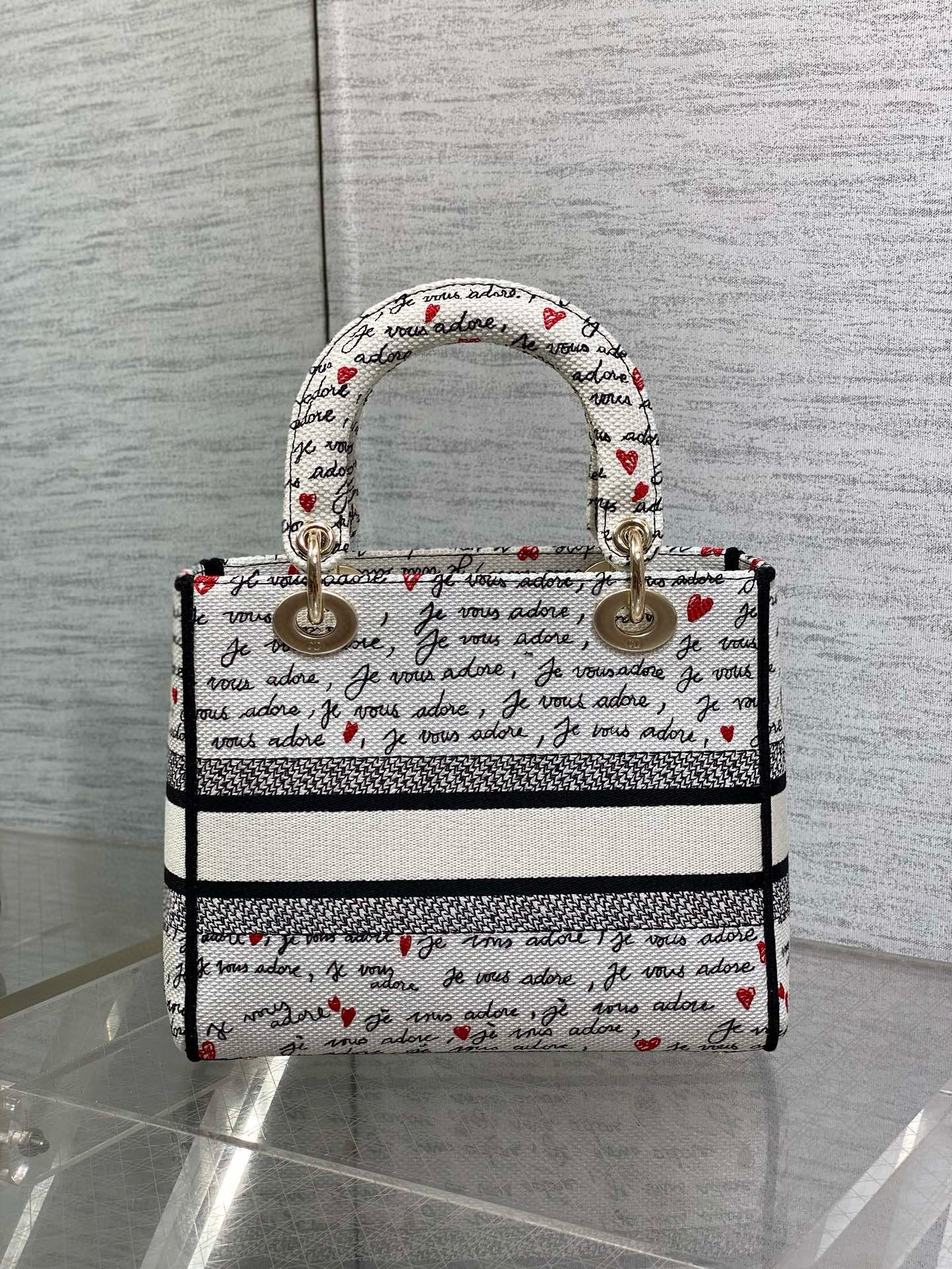 Dior Lady D-Lite Medium Bag in White and Red Je Vous Adore Motif