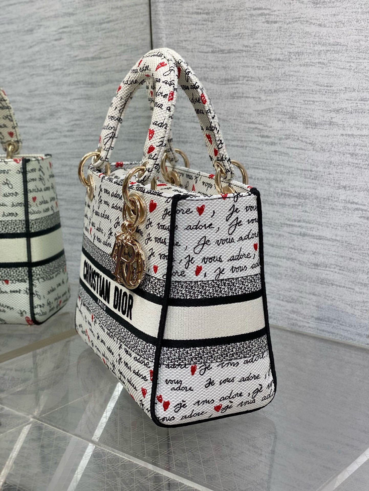 Dior Lady D-Lite Medium Bag in White and Red Je Vous Adore Motif