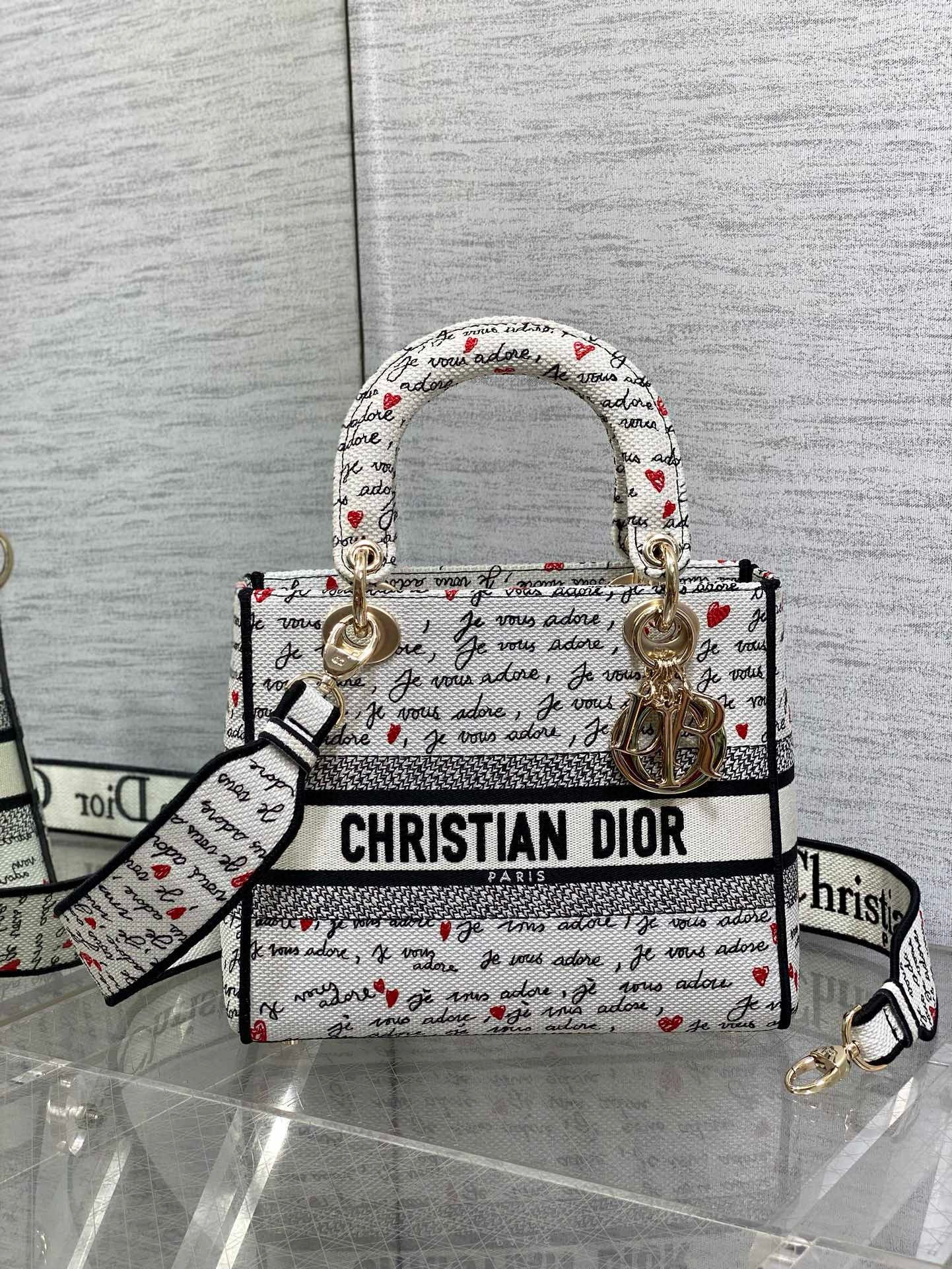 Dior Lady D-Lite Medium Bag in White and Red Je Vous Adore Motif