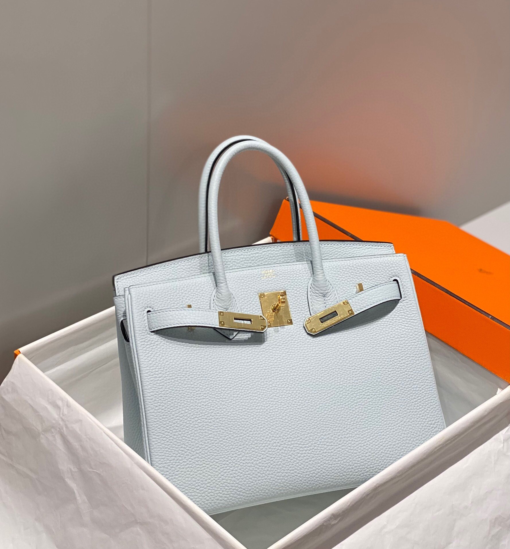 Hermes Birkin 30cm Bag In Blue Brume Clemence Leather GHW