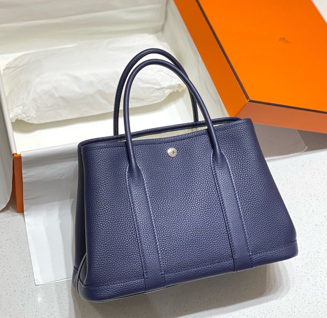 Hermes Garden Party 30 Bag In Blue Saphir Taurillon Leather