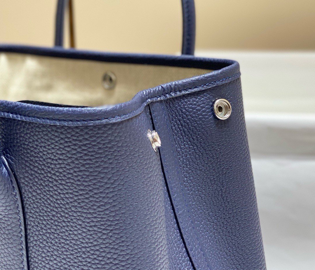 Hermes Garden Party 30 Bag In Blue Saphir Taurillon Leather