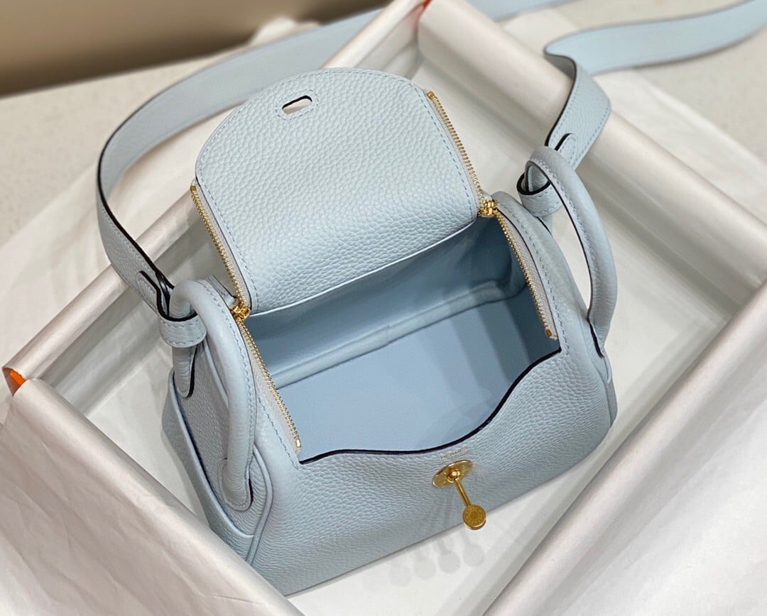 Hermes Lindy Mini Bag In Blue Brume Clemence Leather GHW