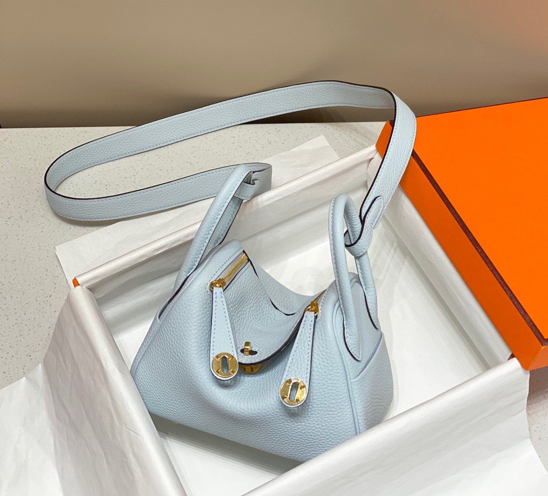 Hermes Lindy Mini Bag In Blue Brume Clemence Leather GHW