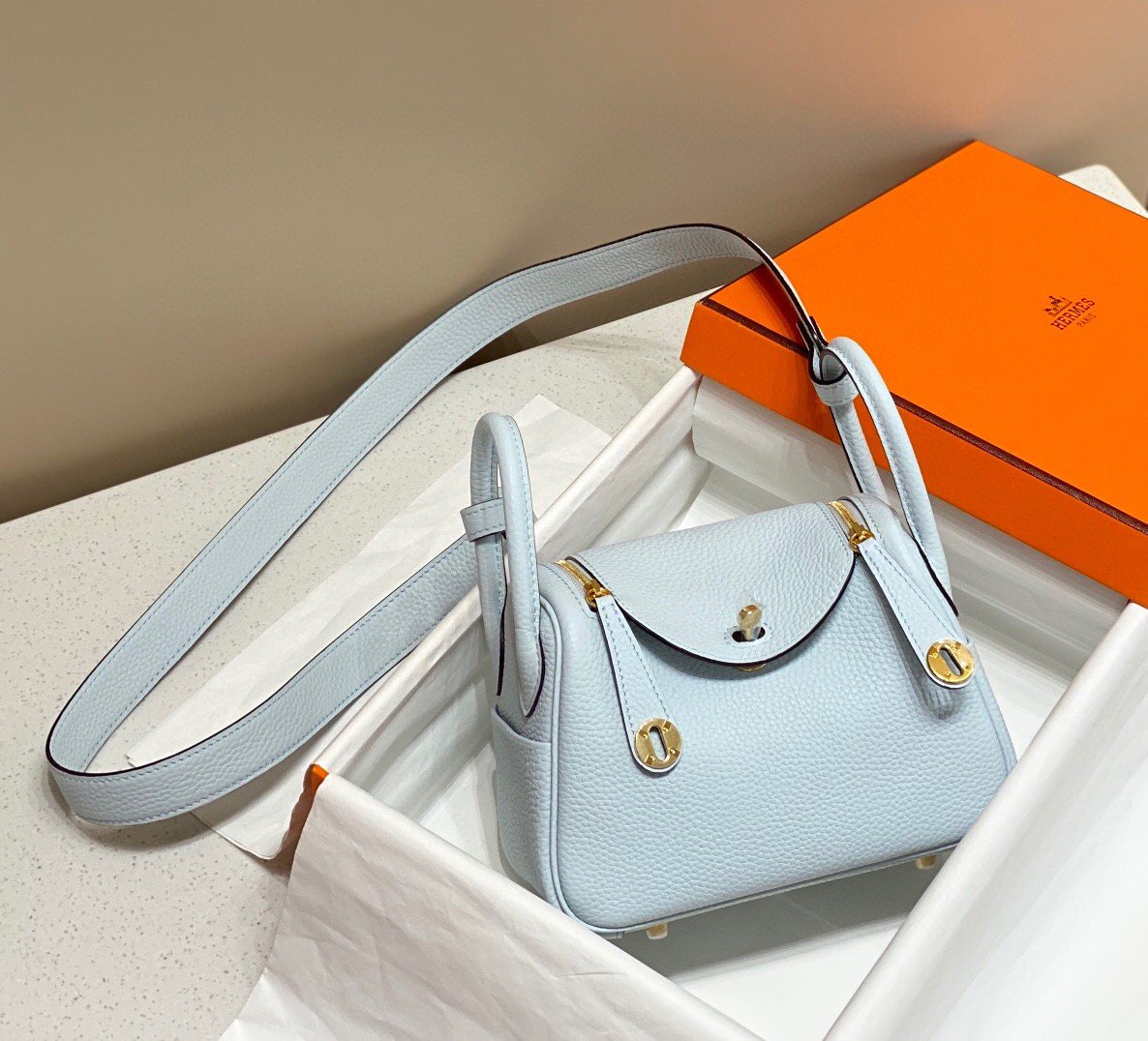 Hermes Lindy Mini Bag In Blue Brume Clemence Leather GHW