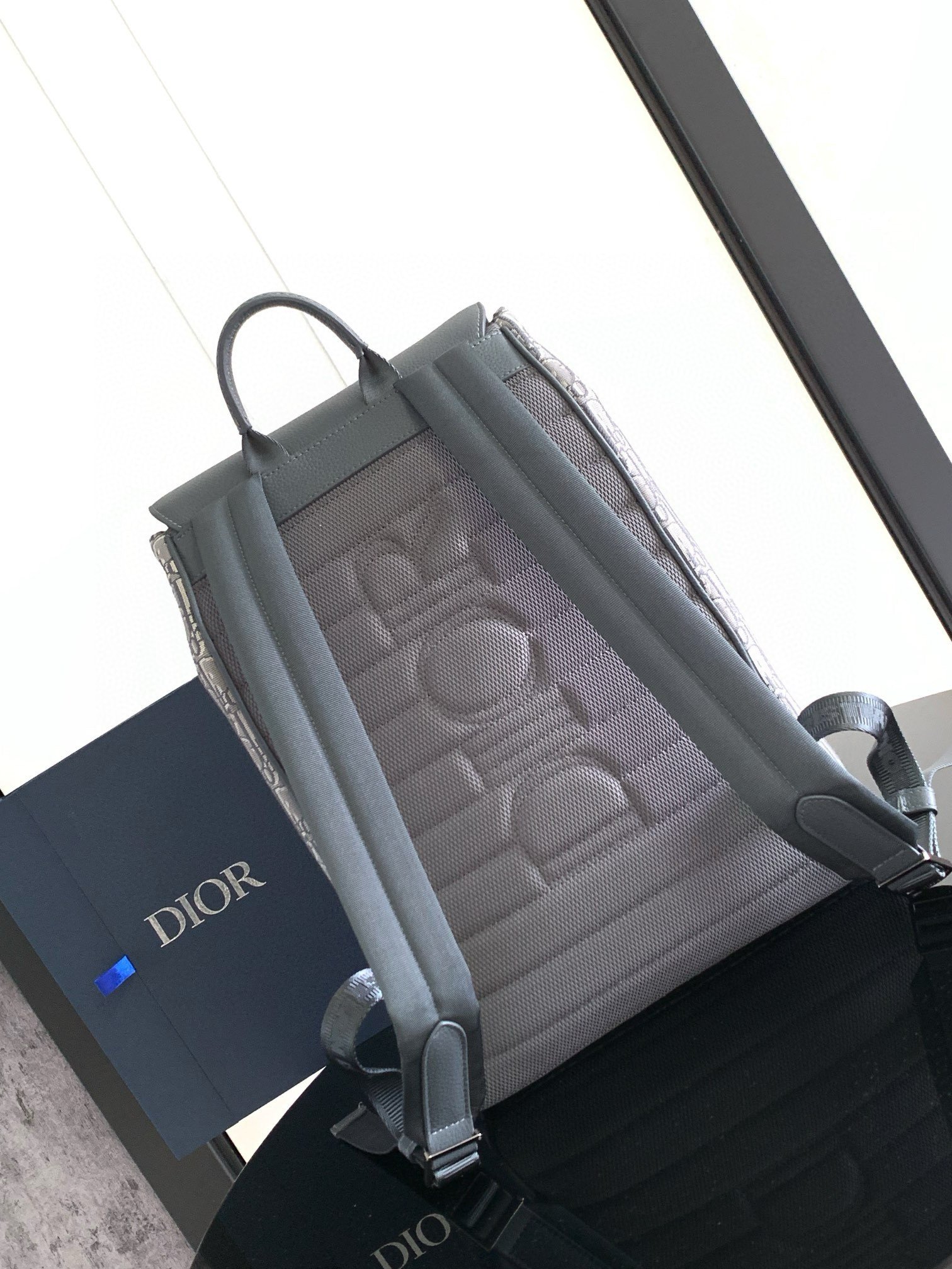 Dior Saddle Backpack with Flap in Grey Oblique Jacquard