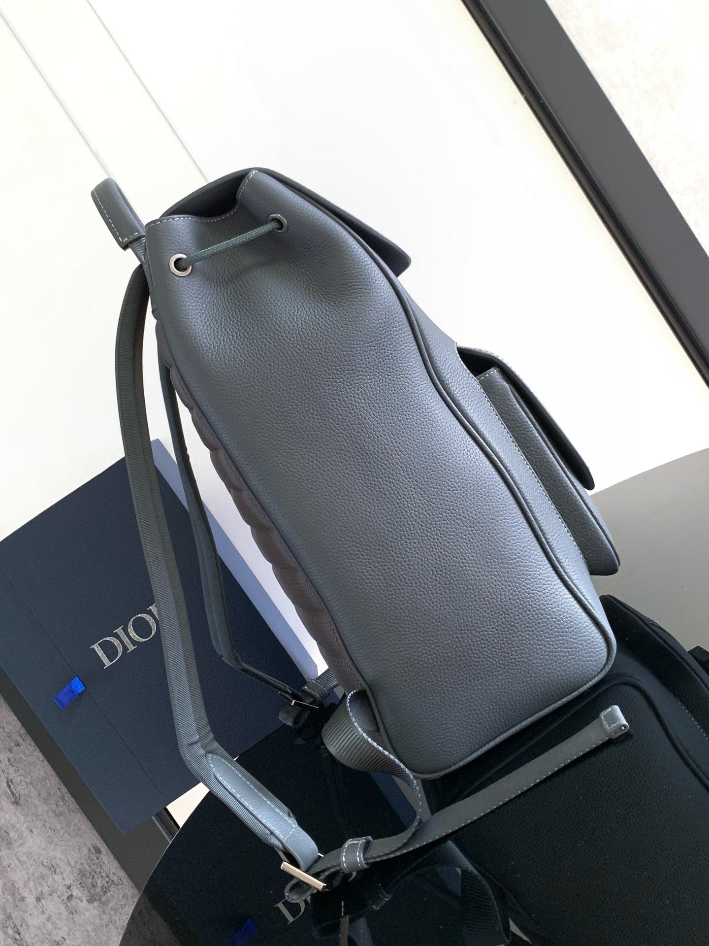 Dior Saddle Backpack with Flap in Grey Grained Calfskin