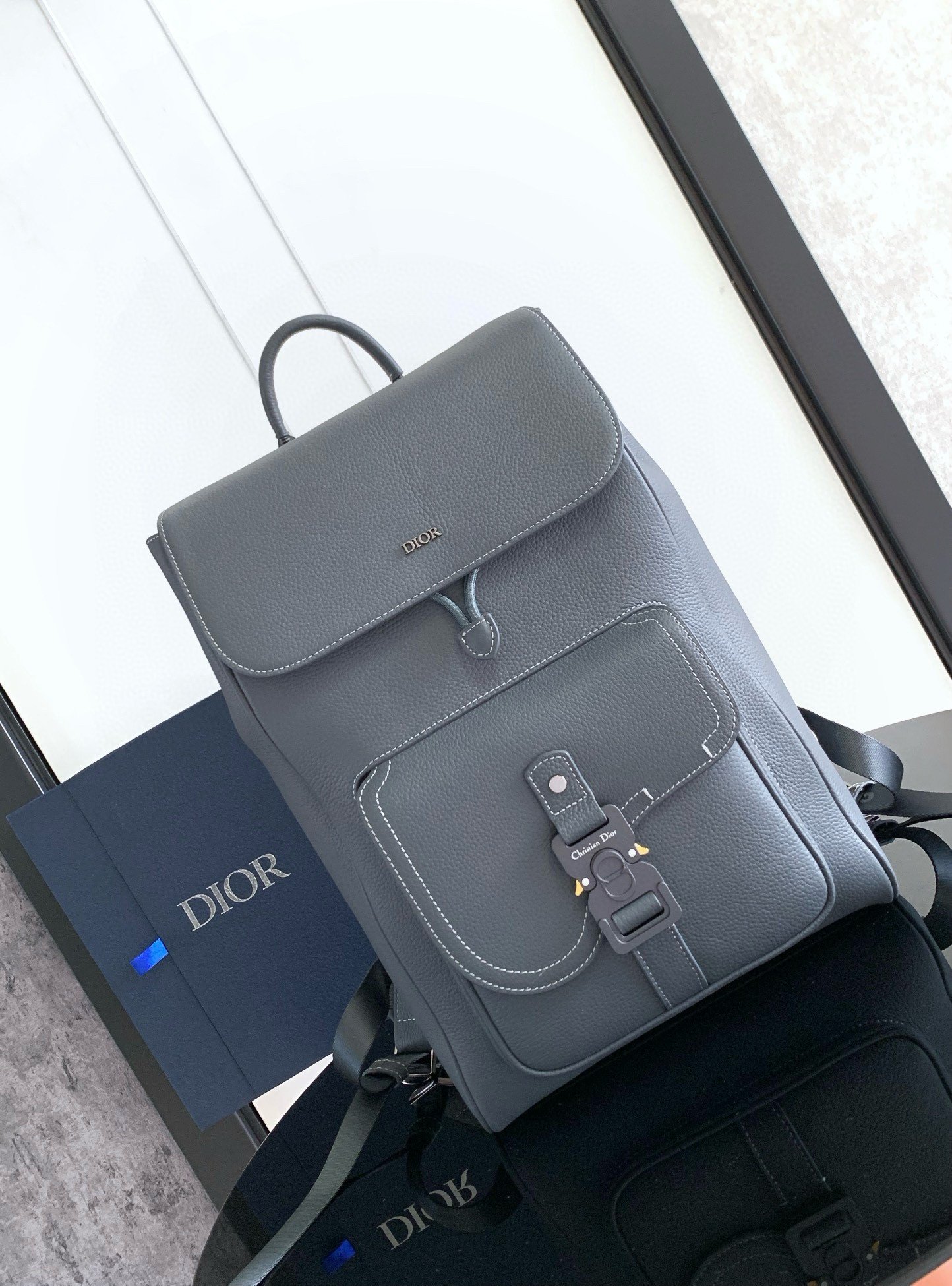 Dior Saddle Backpack with Flap in Grey Grained Calfskin