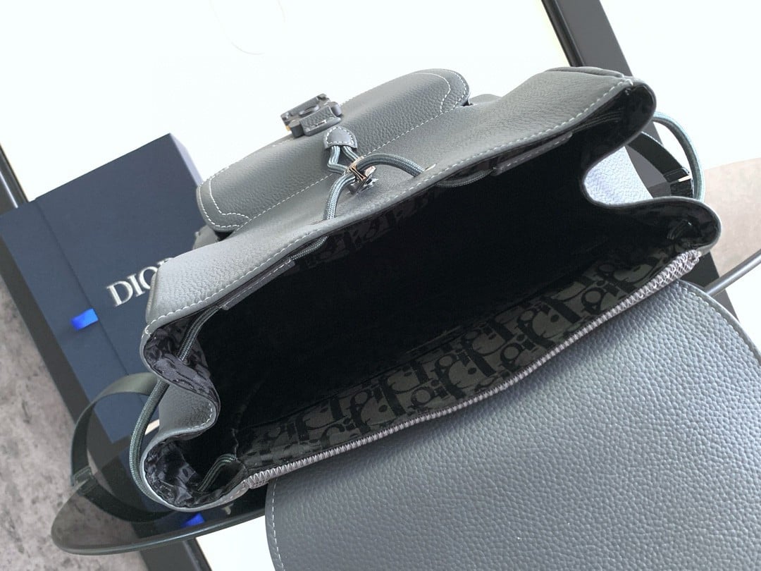 Dior Saddle Backpack with Flap in Grey Grained Calfskin