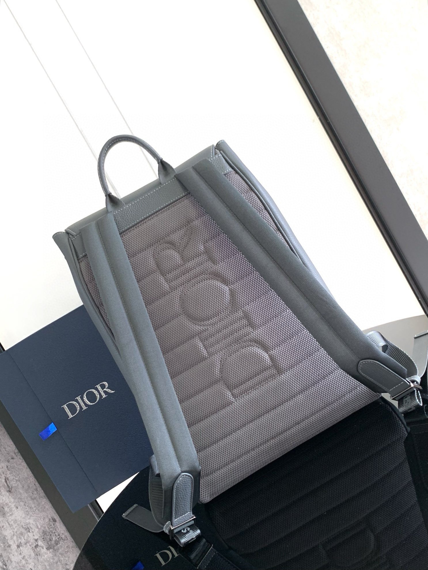 Dior Saddle Backpack with Flap in Grey Grained Calfskin