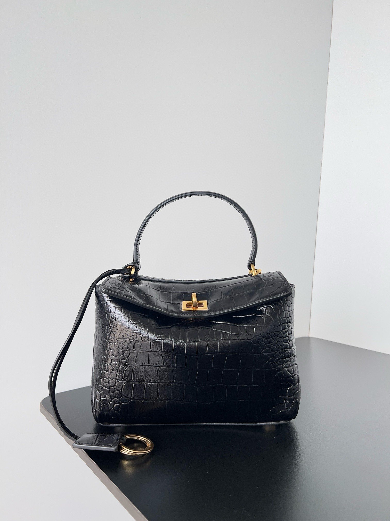 Balenciaga Rodeo Mini Bag in Black Crocodile Embossed Calfskin