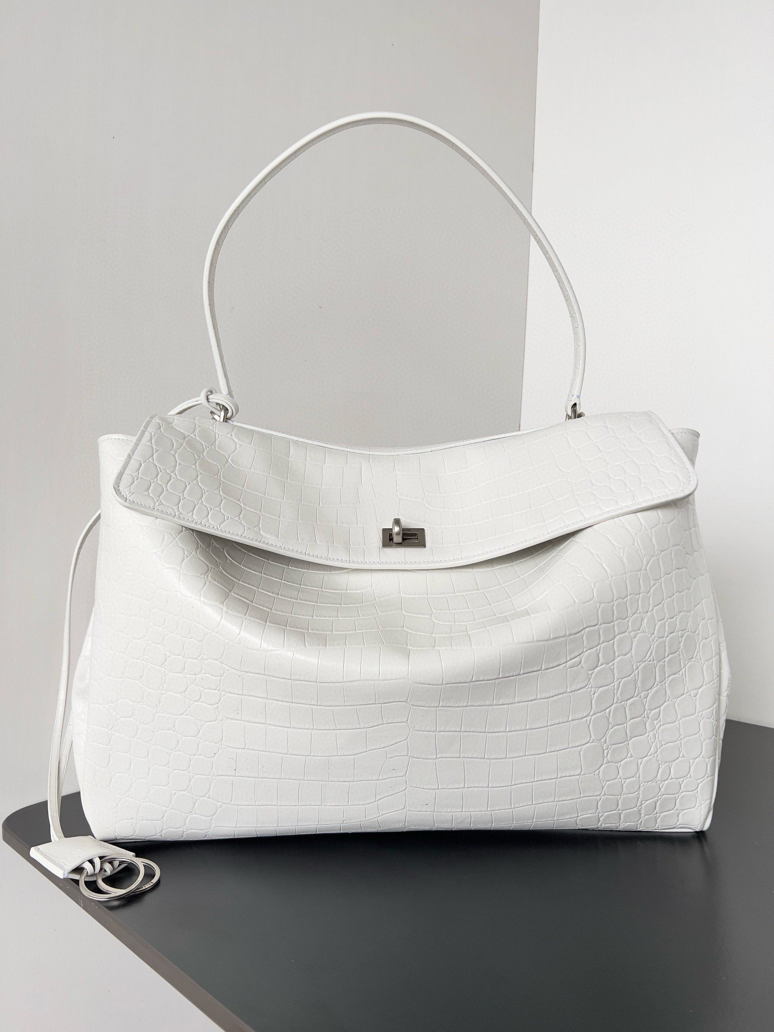 Balenciaga Rodeo Large Bag in White Crocodile Embossed Calfskin