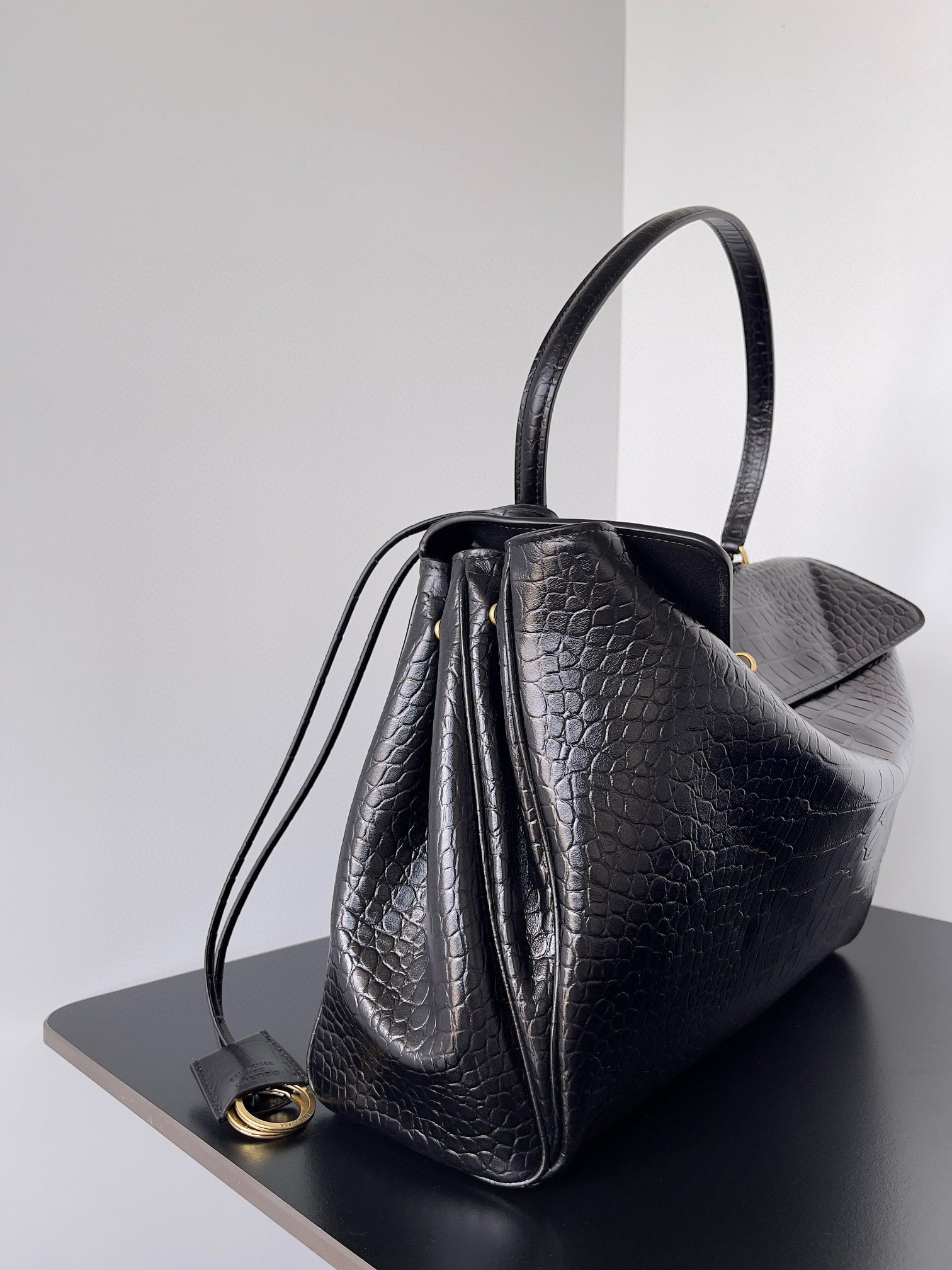 Balenciaga Rodeo Large Bag in Black Crocodile Embossed Calfskin