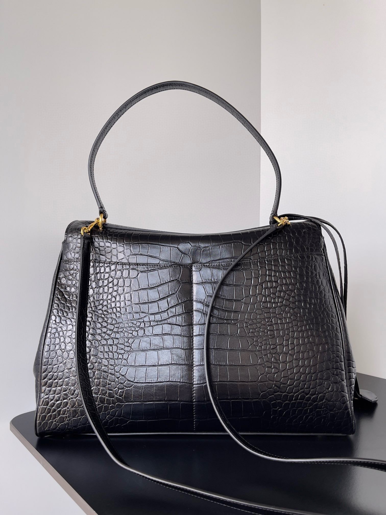 Balenciaga Rodeo Large Bag in Black Crocodile Embossed Calfskin