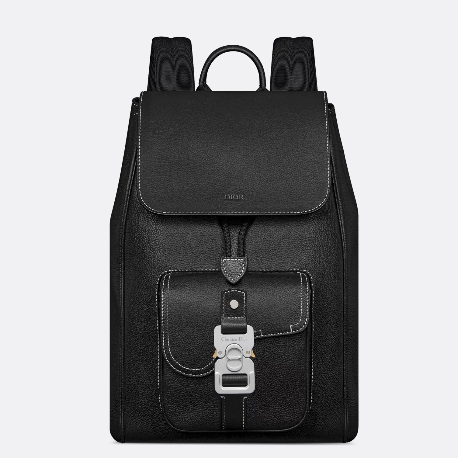 Dior Saddle Backpack with Flap in Black Grained Calfskin