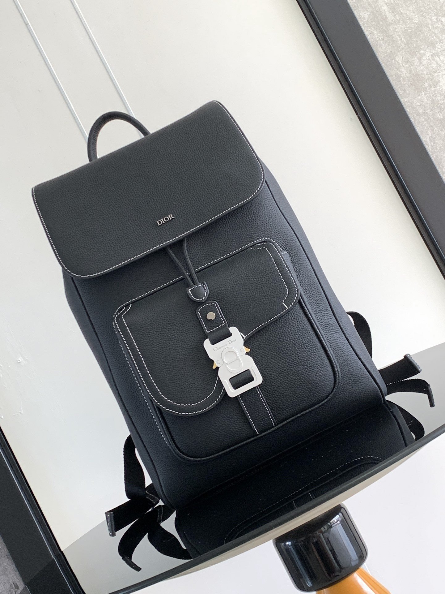 Dior Saddle Backpack with Flap in Black Grained Calfskin