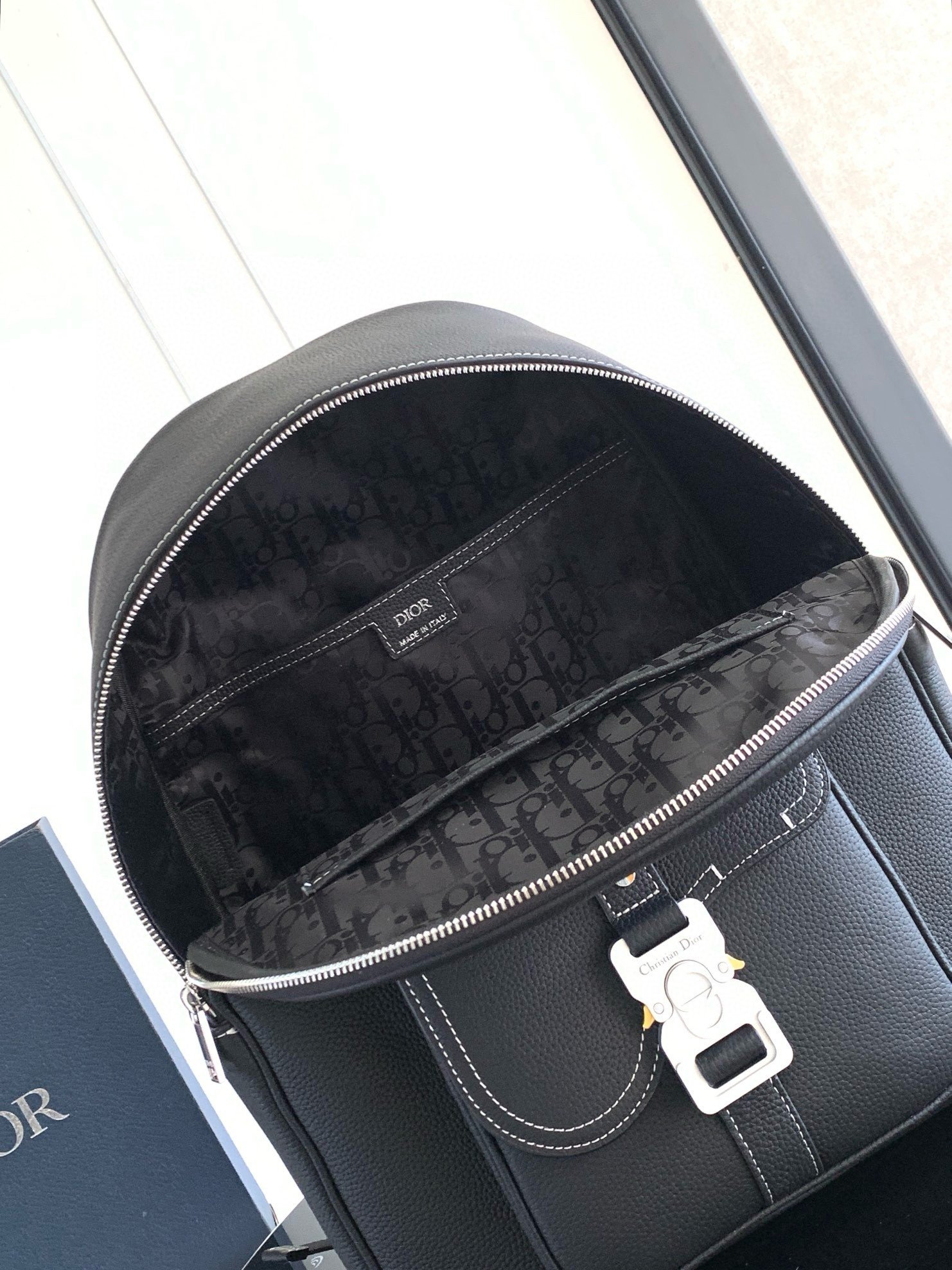 Dior Saddle Zip Backpack in Black Grained Calfskin