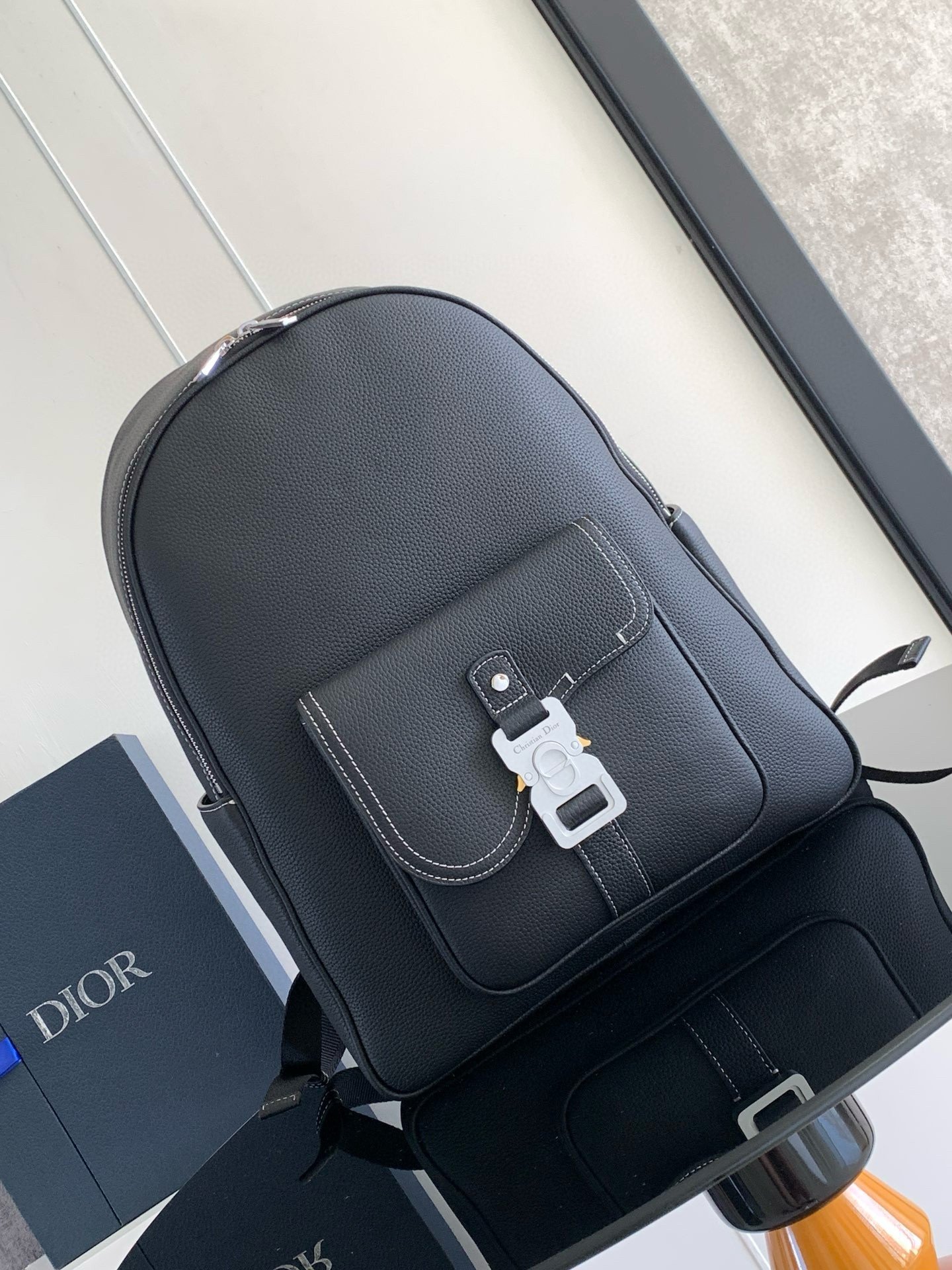 Dior Saddle Zip Backpack in Black Grained Calfskin