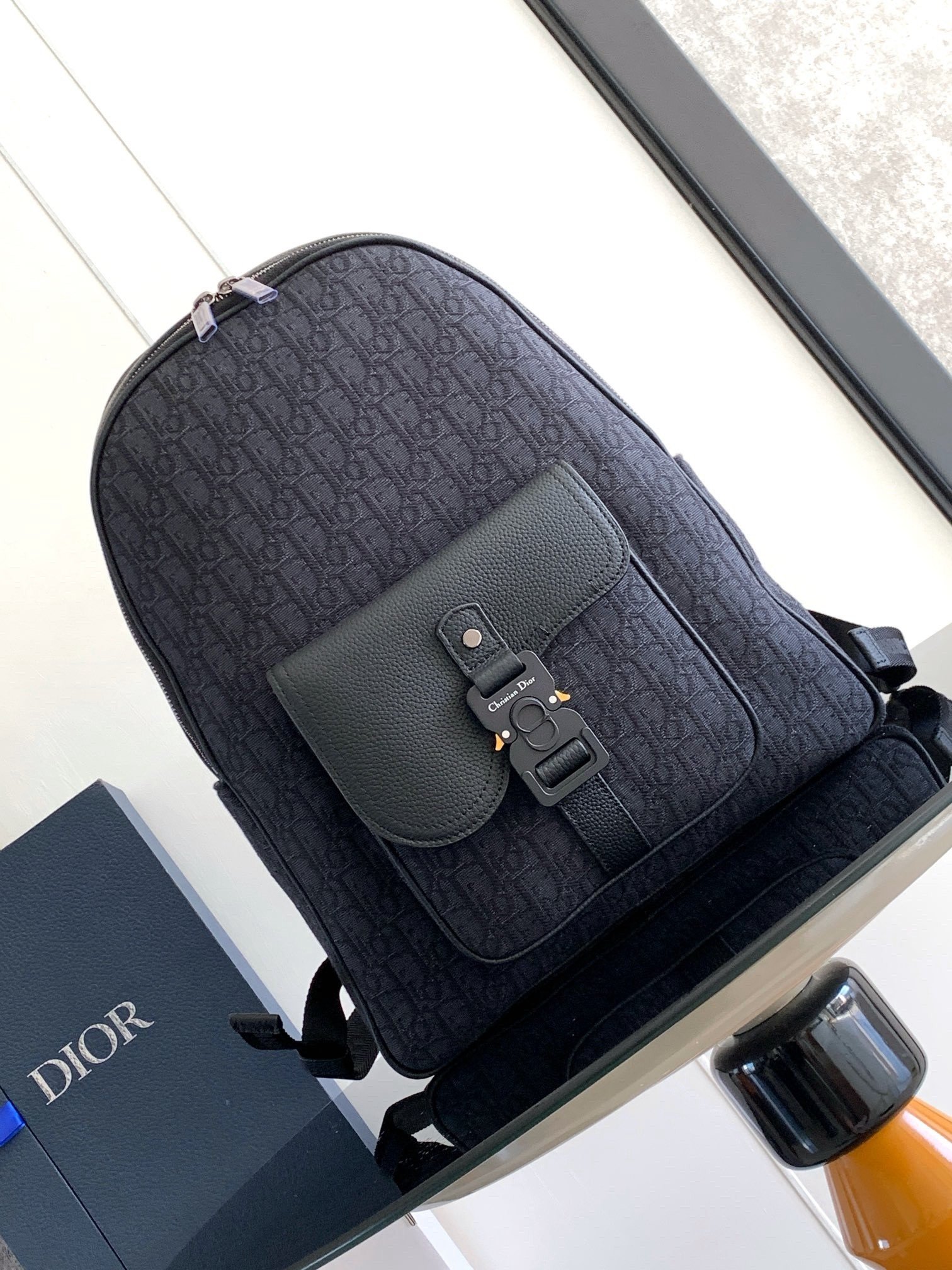 Dior Saddle Zip Backpack in Black Oblique Jacquard