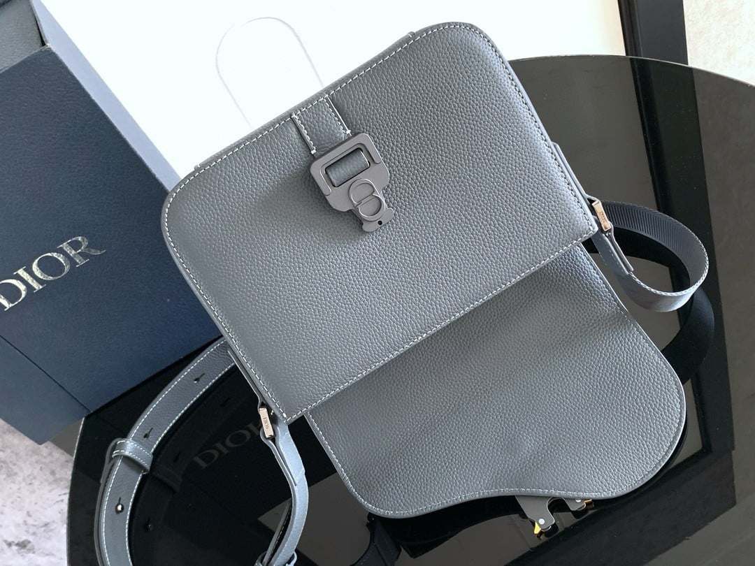 Dior Men's Small Saddle Messenger Bag in Grey Grained Calfskin