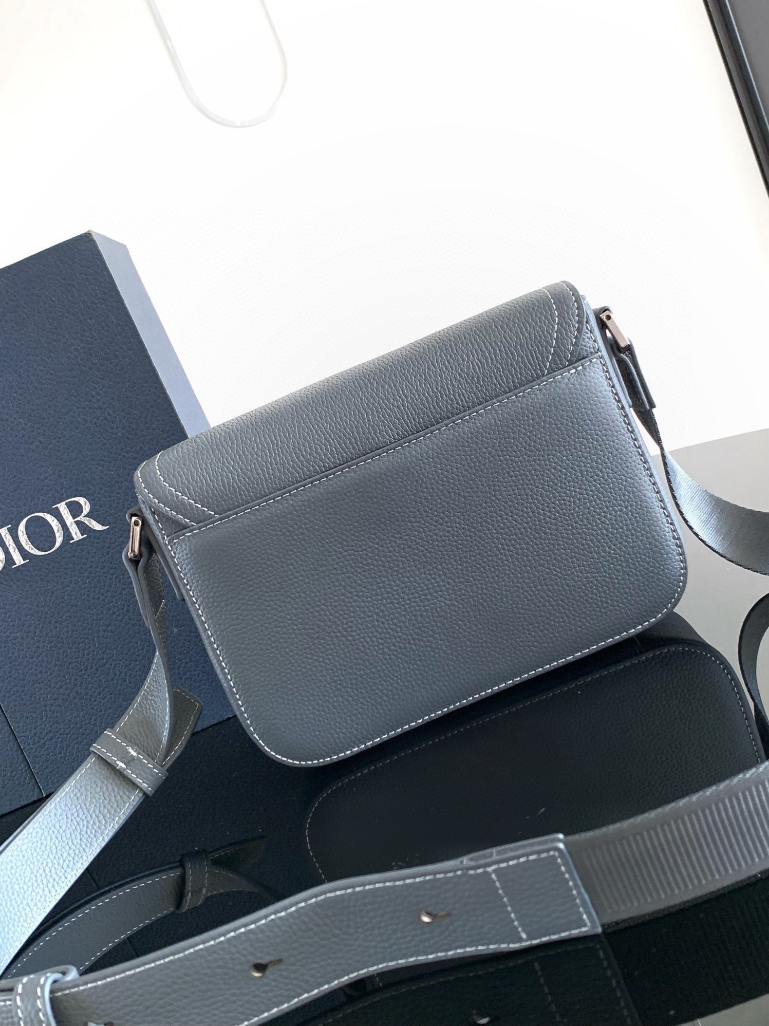 Dior Men's Small Saddle Messenger Bag in Grey Grained Calfskin