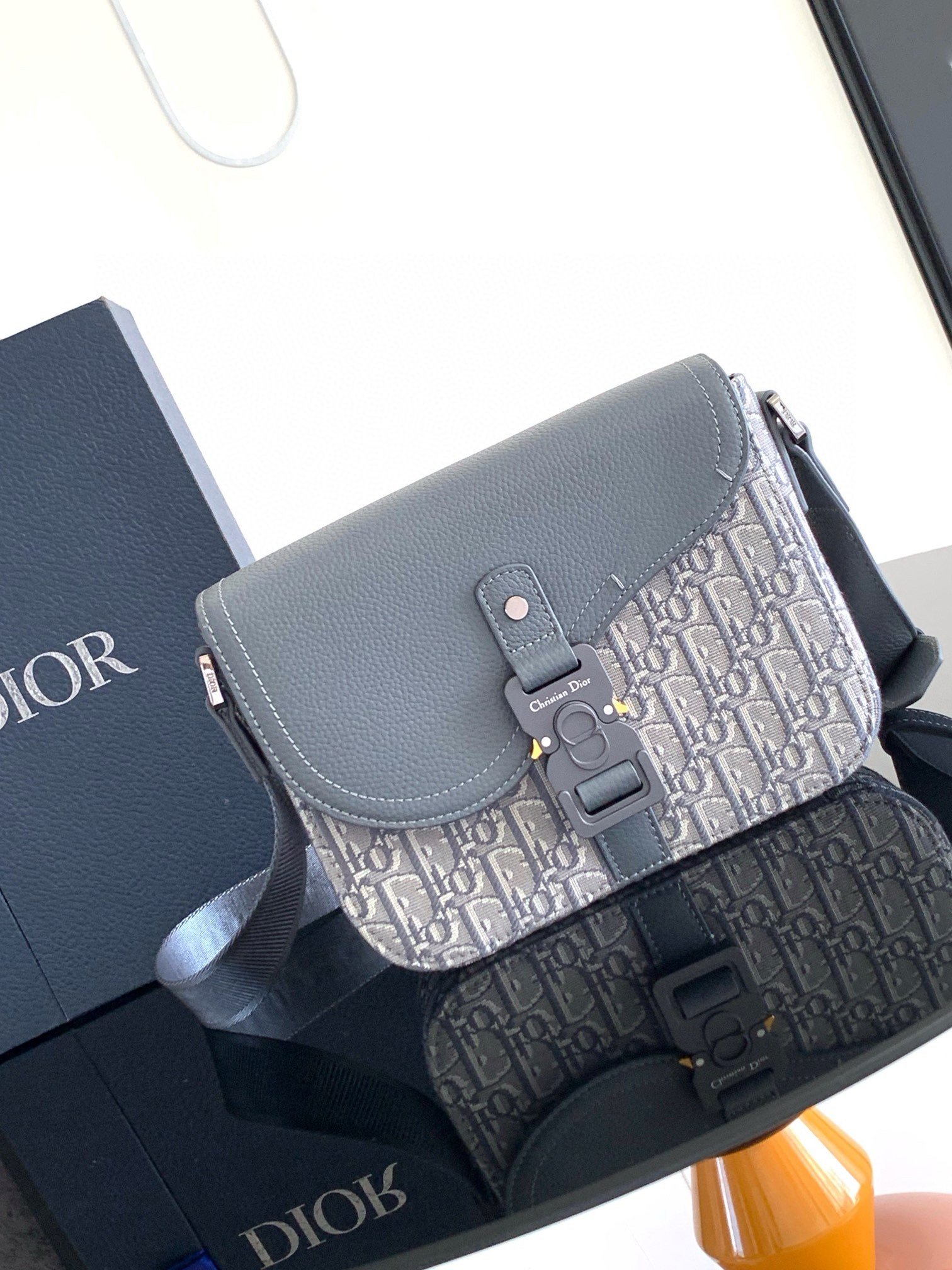 Dior Small Saddle Messenger Bag in Grey Oblique Jacquard and Calfskin