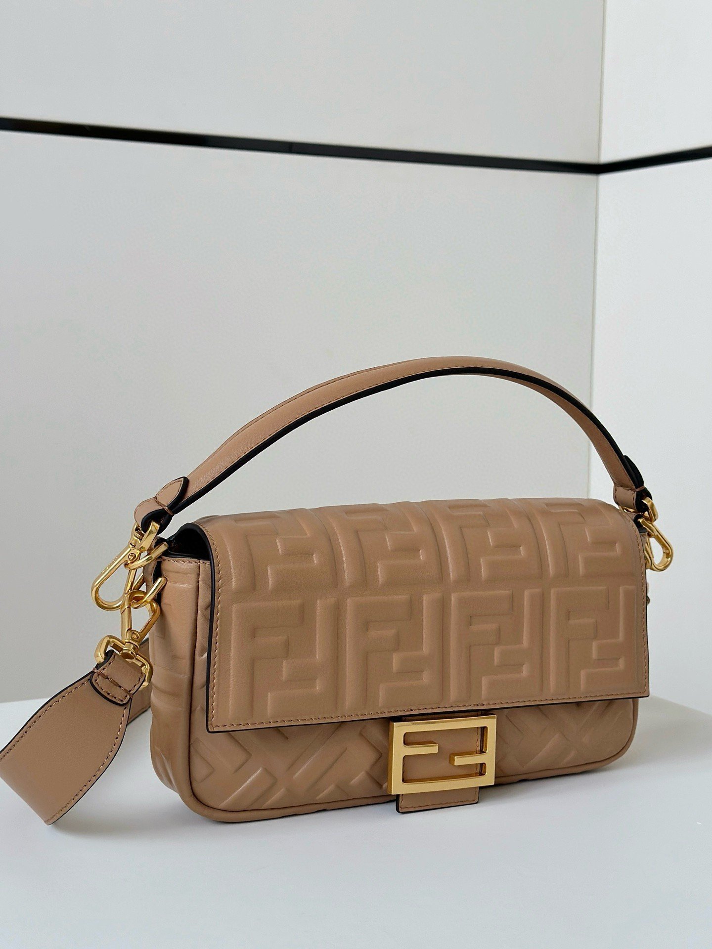 Fendi Medium Baguette Bag in Beige FF Nappa Leather