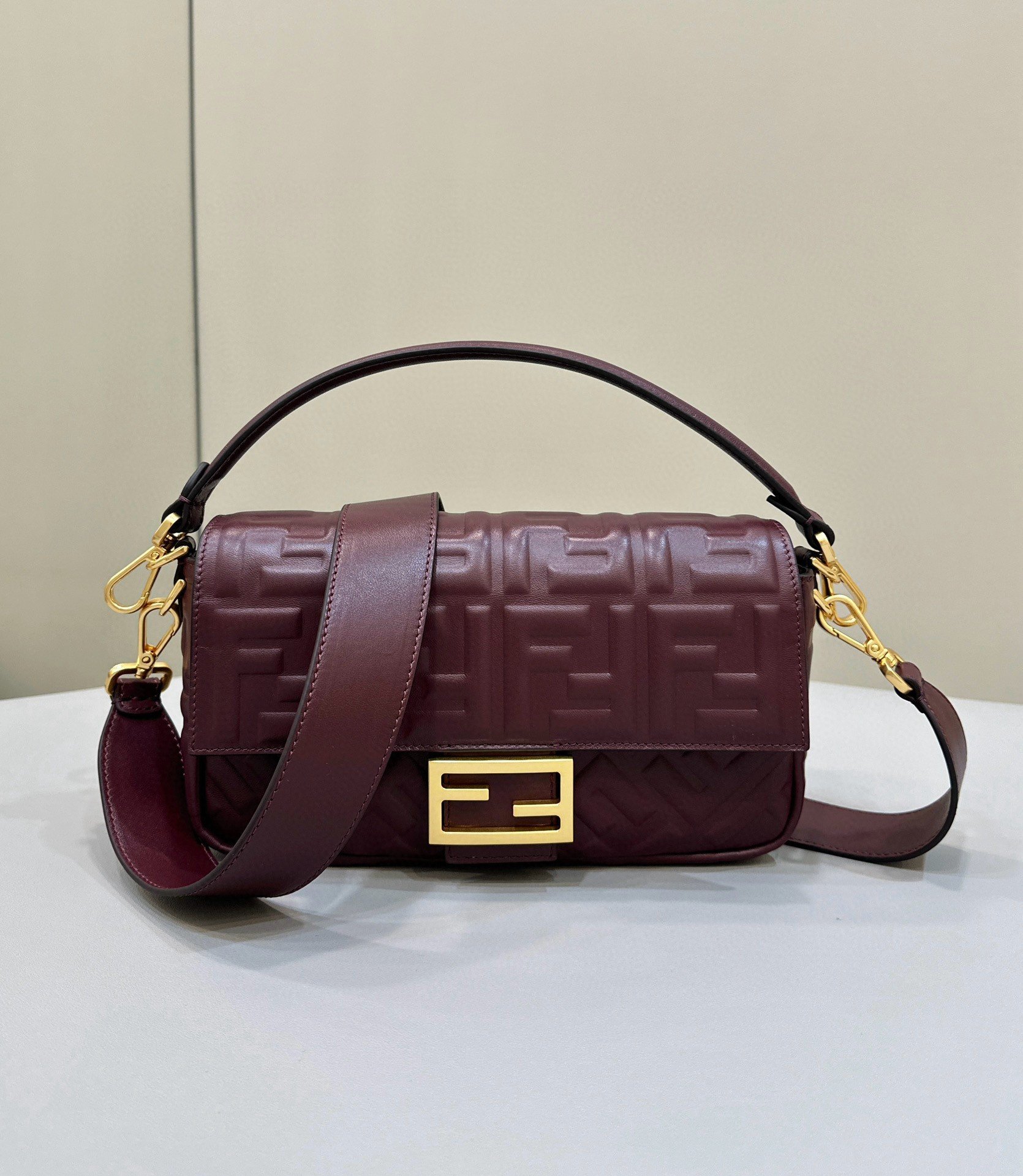 Fendi Medium Baguette Bag in Burgundy FF Nappa Leather