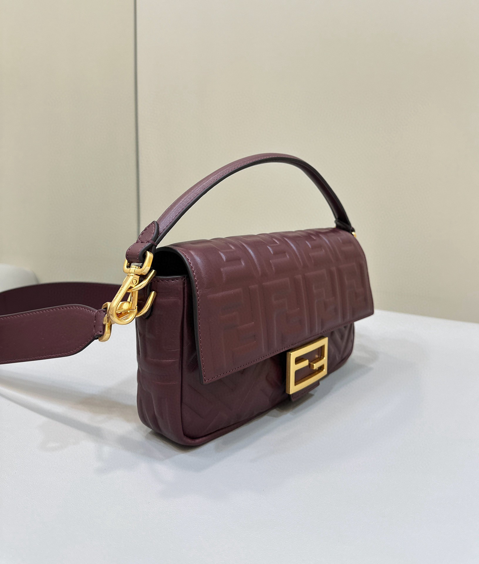 Fendi Medium Baguette Bag in Burgundy FF Nappa Leather