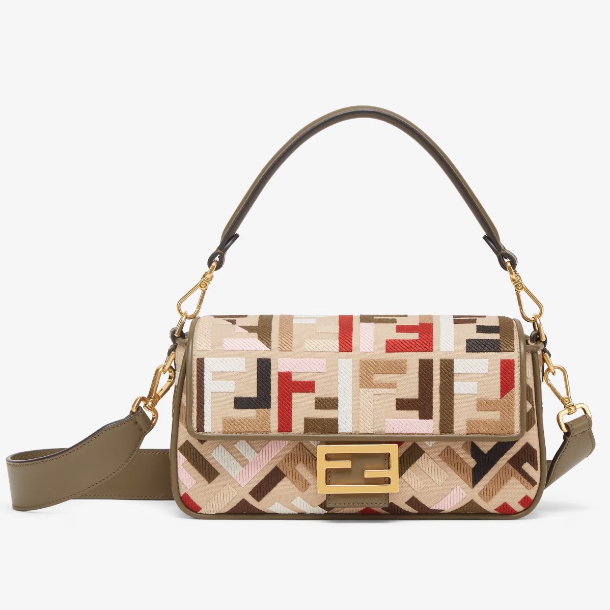 Fendi Baguette Medium Bag in Canvas with Multicolor FF Embroidery