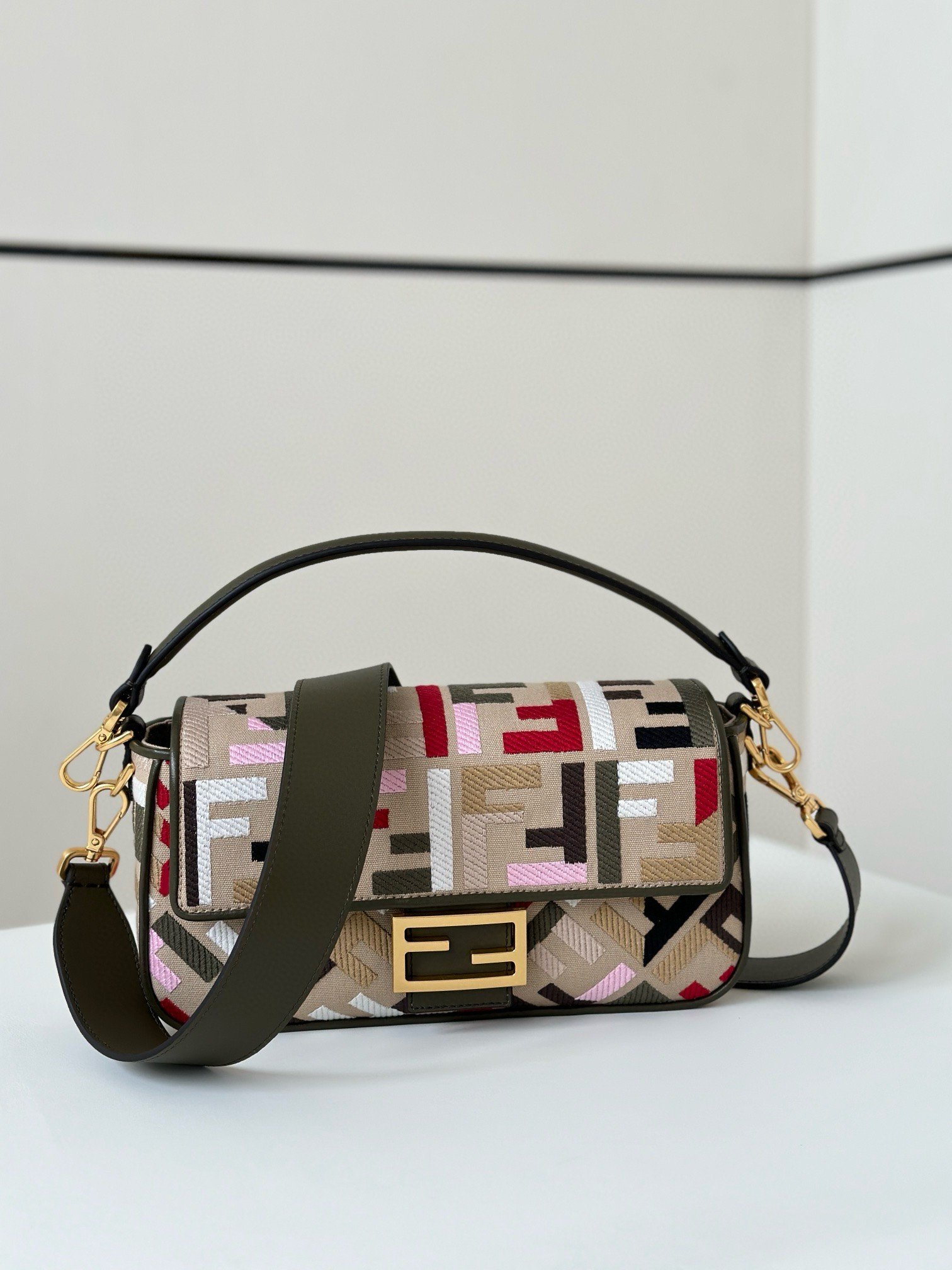 Fendi Baguette Medium Bag in Canvas with Multicolor FF Embroidery